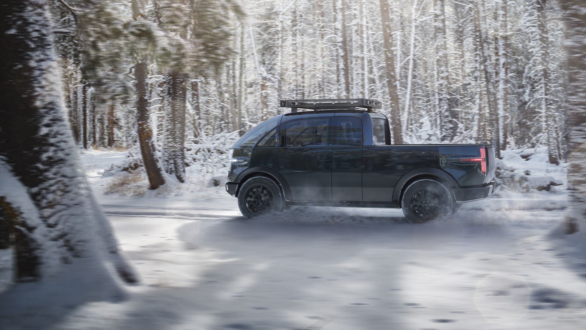 Image of Canoo's new electric pickup truck in a snowy forest. 