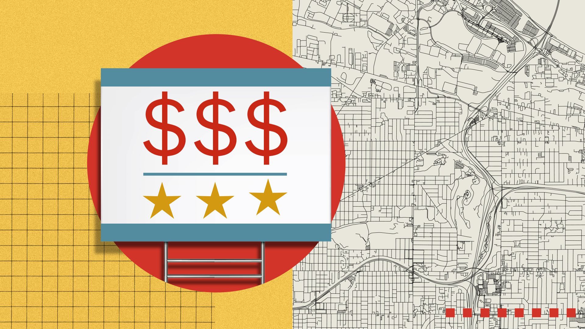 Photo illustration of a campaign sign inside a circle with a grid and the map of Portland in the background.