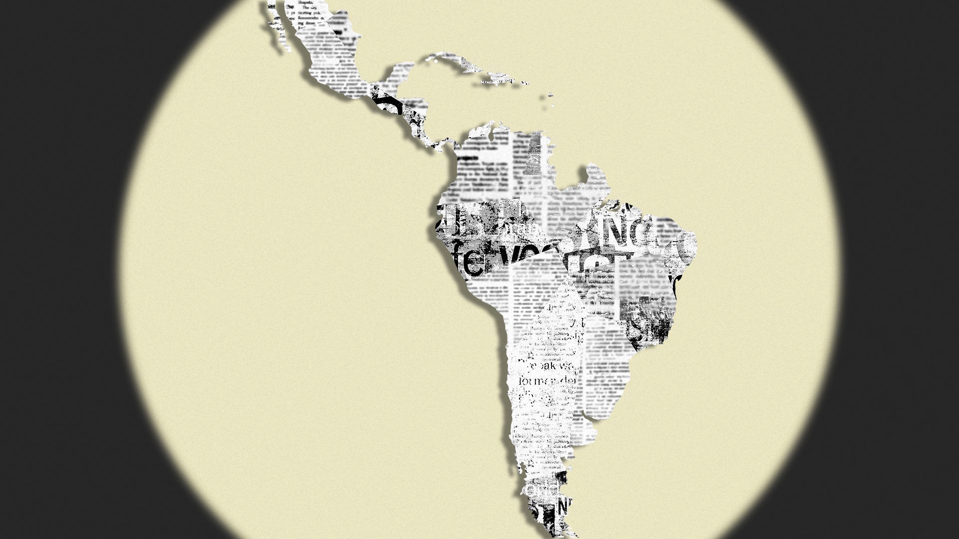 Illustration of a spotlight on a newspaper-patterned Latin America 