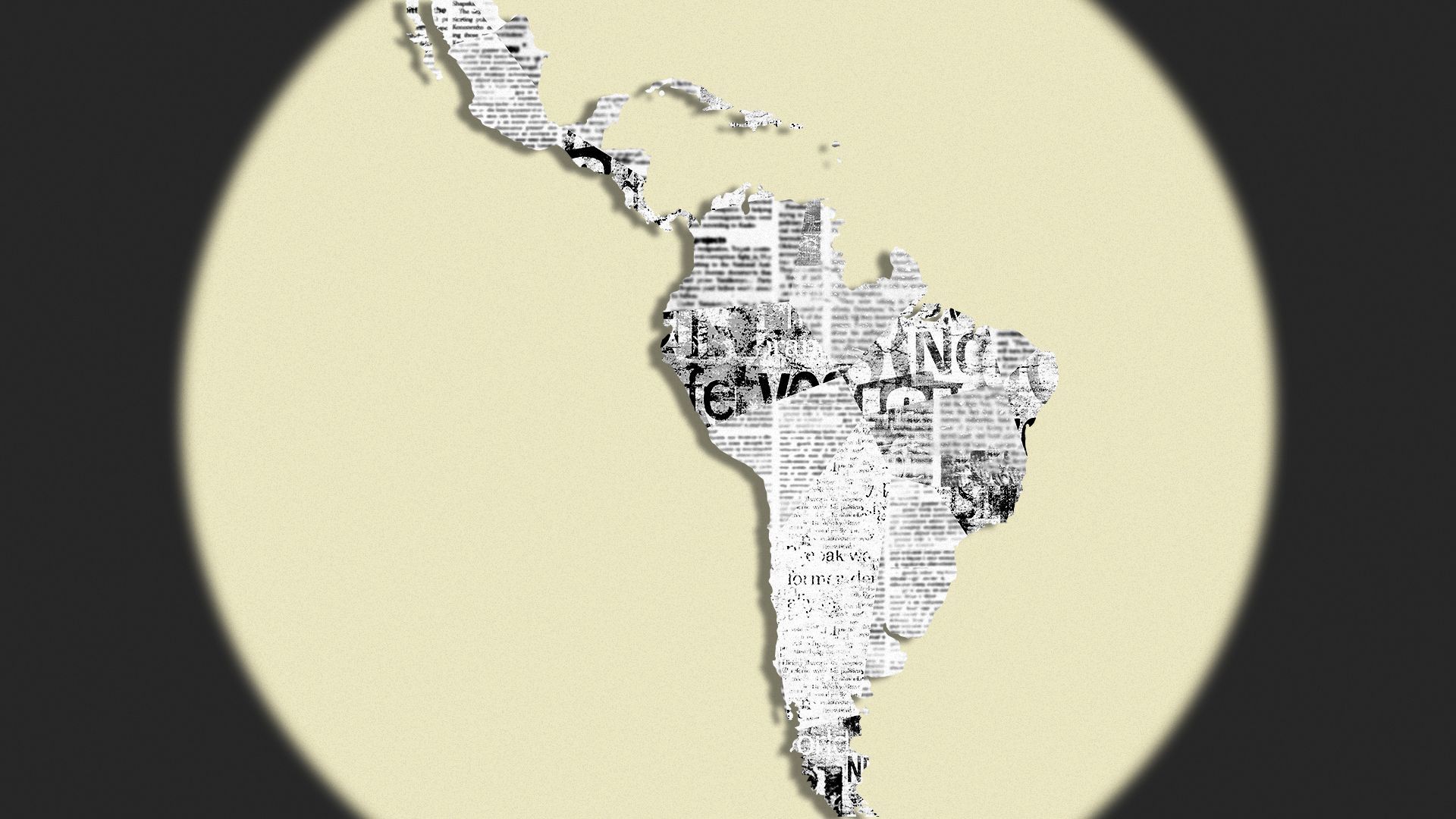 Illustration of a spotlight on a newspaper-patterned Latin America