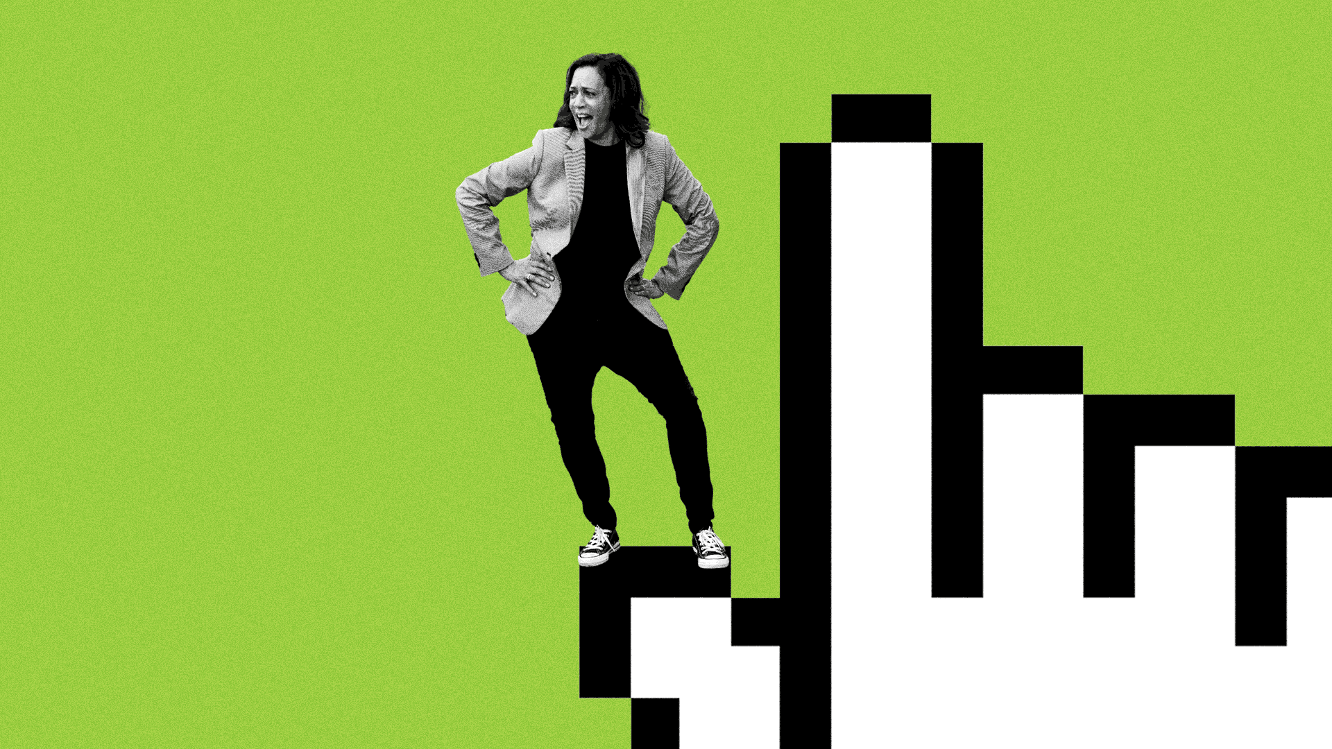 Illustration of Kamala Harris dancing on top of a cursor.