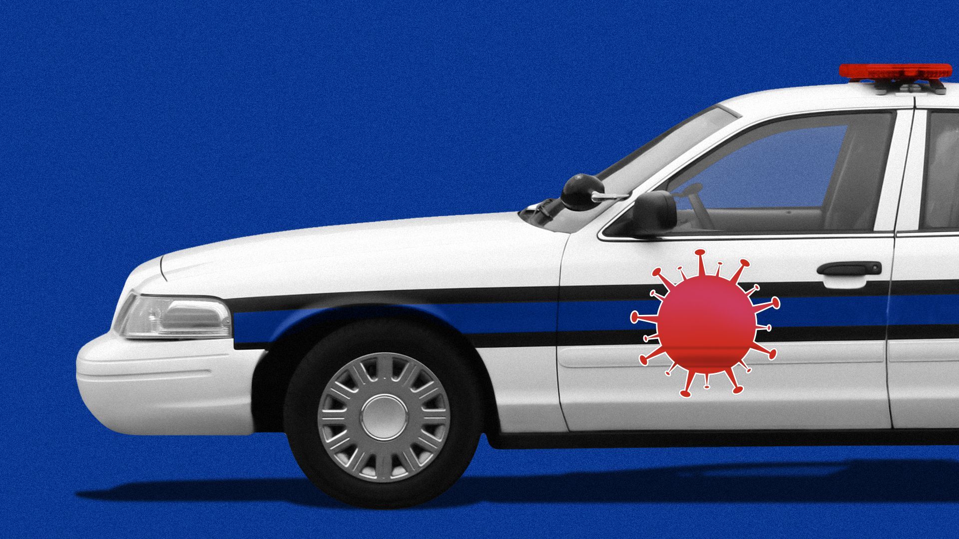 Illustration of a COVID-19 particle decal on the side of a police car.