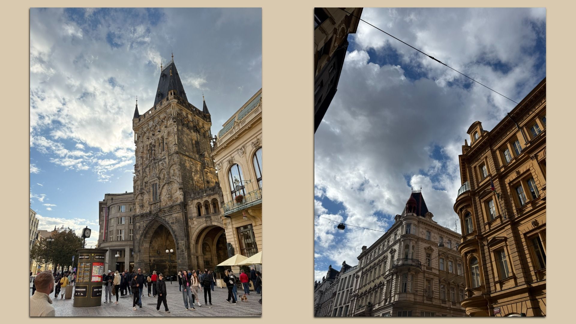 Pair of city photos: left shows a towering Gothic stone tower with arches and ornate details in a busy square; right shows historic brownstone buildings under a cloudy sky with a tram line above.