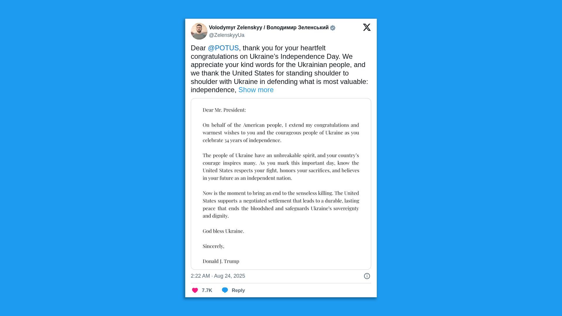 Screenshot of Volodymyr Zelenskyy's tweet thanking @POTUS for congratulating Ukraine on Independence Day and sharing a letter to the US president from Donald J. Trump. Blue background.