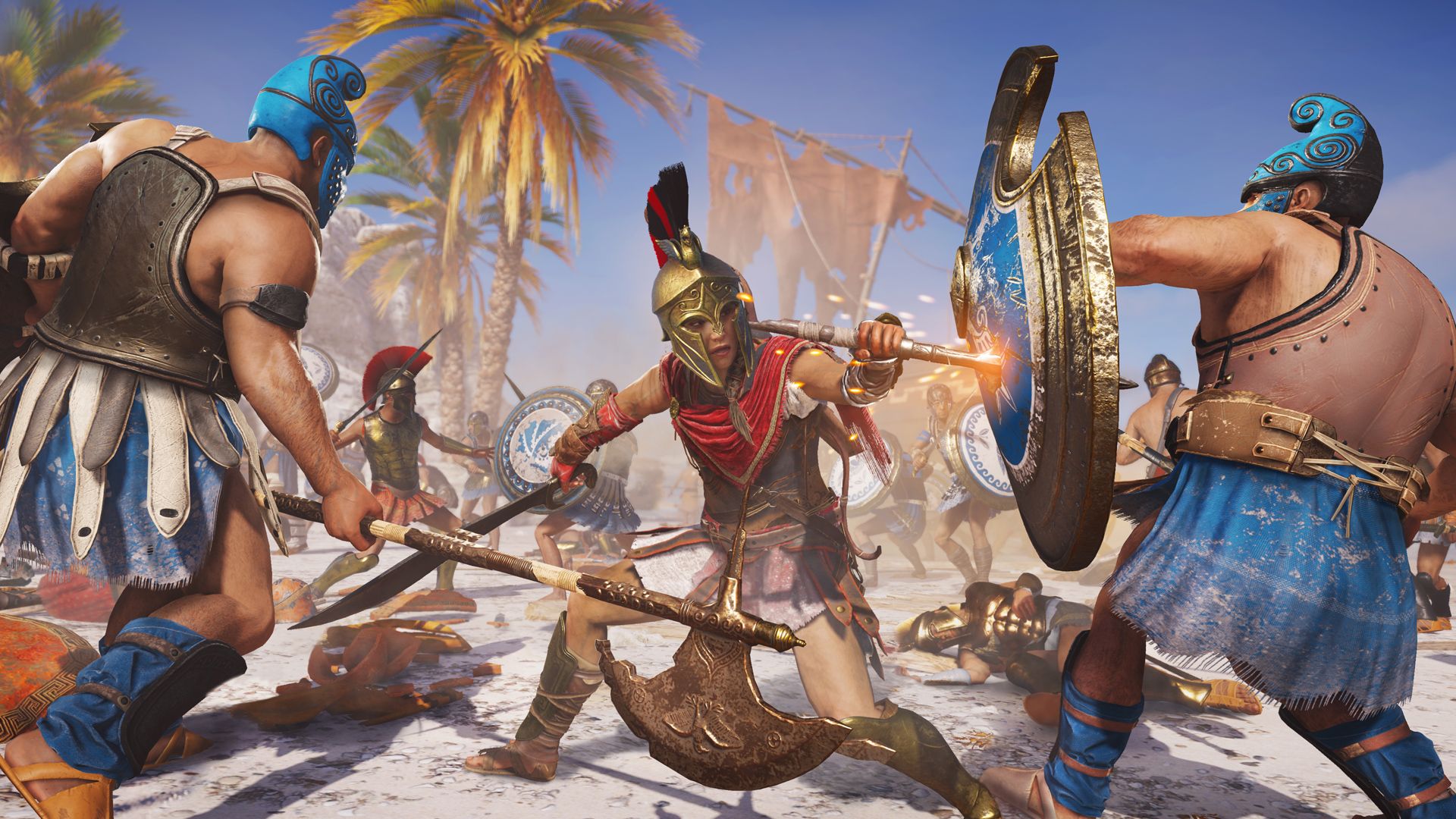 Video game screenshot of a female ancient Greek warrior wielding an axe against enemies holding shields