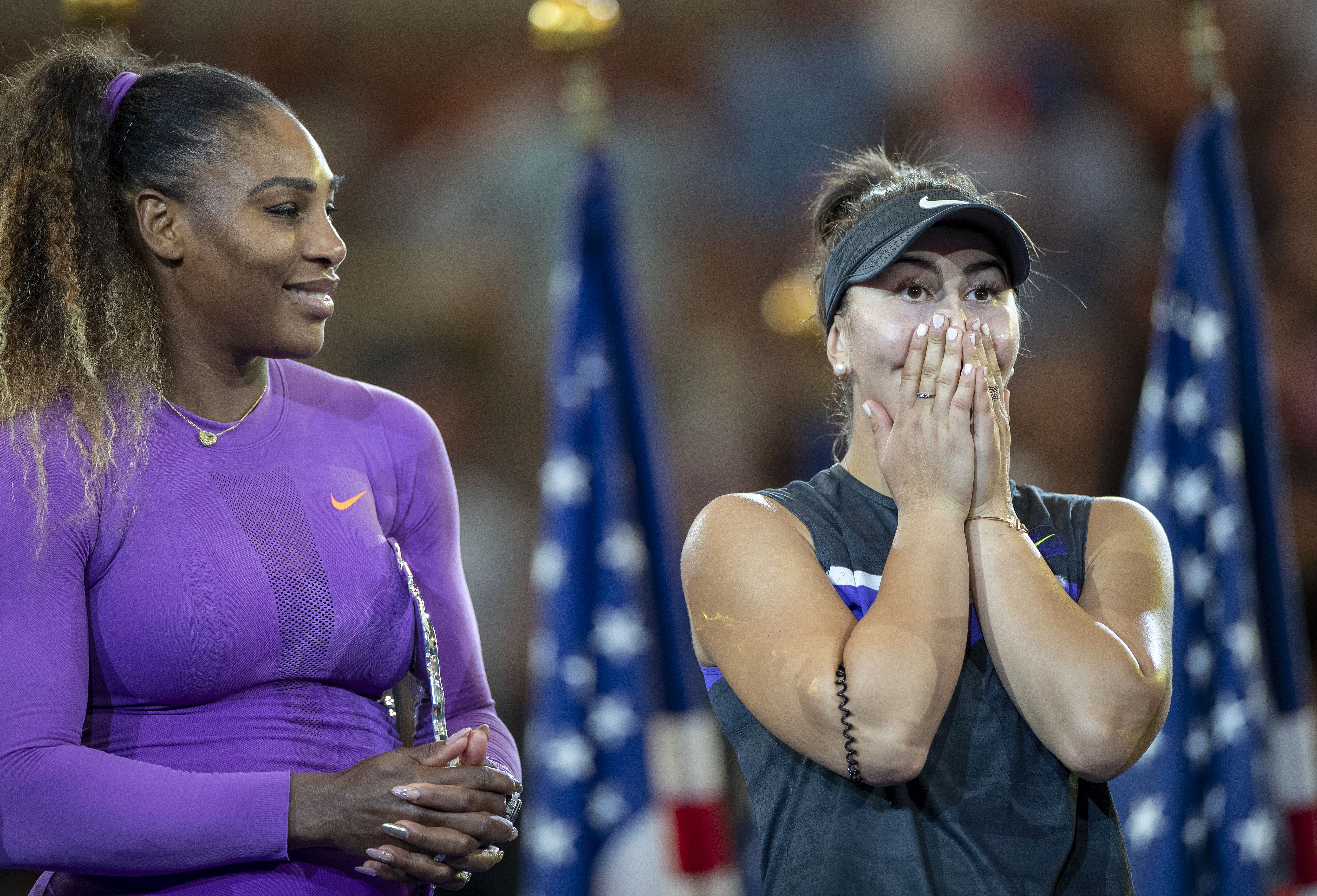 Bianca Andreescu and Serena Williams at the U.S. Open trophy presentation