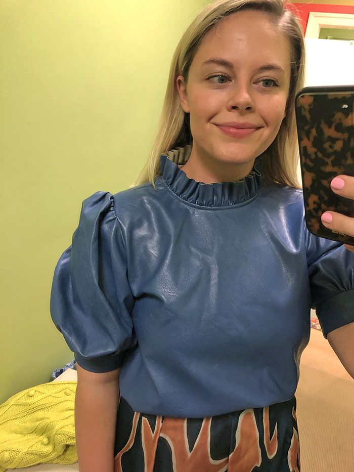 Charlotte's blue leather puff sleeve top