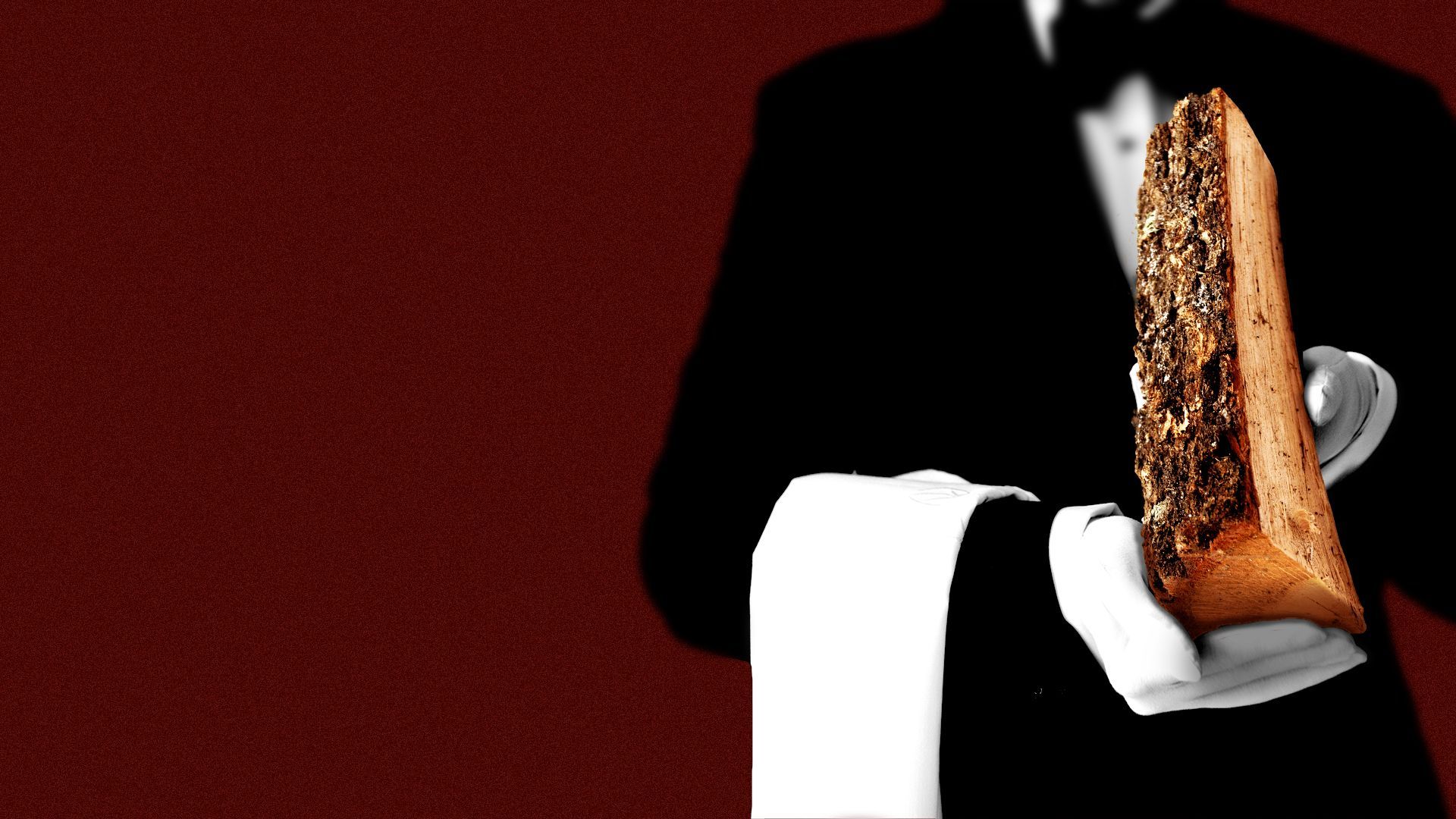 Illustration of a sommelier presenting a log of firewood instead of a bottle.