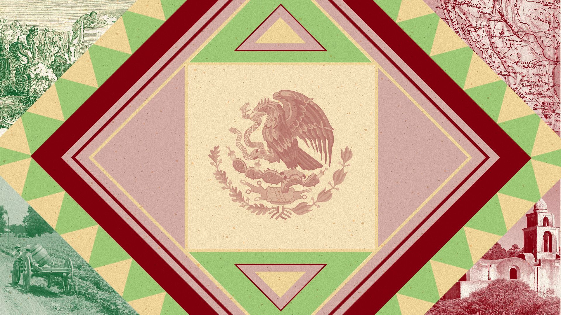 Photo collage of the Mexican flag, an archival drawing of a plantation, a photo of two boys at a wagon, an old map of Mexico, and a Mexican church