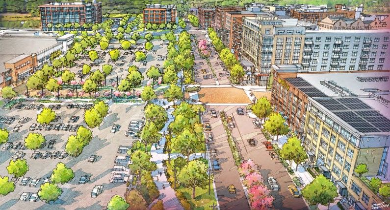 An architectural drawing shows tree- and sidewalk-lined streets among office and apartment buildings with parking lot area. 