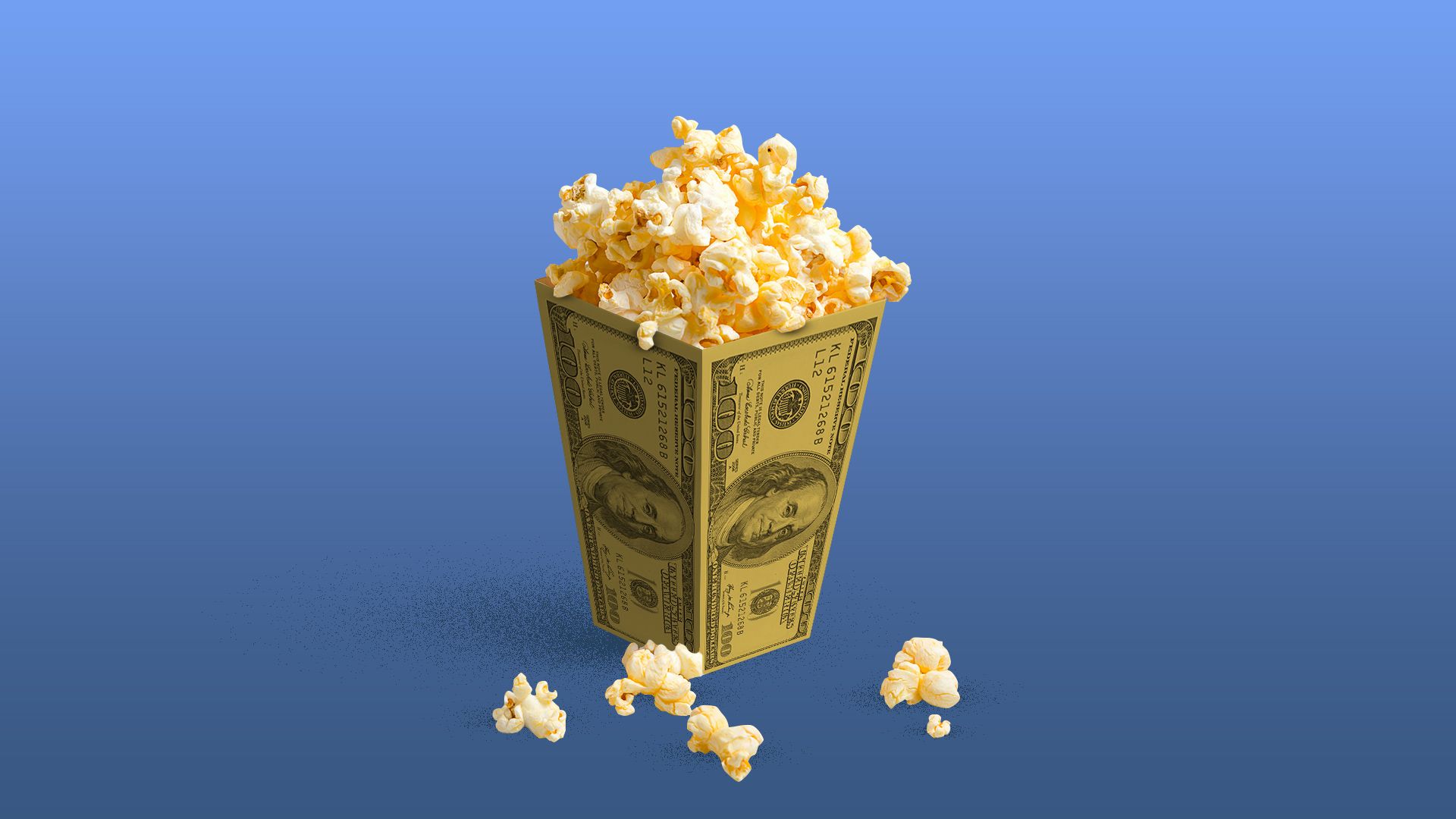 A popcorn-filled cone made from hundred-dollar bills sits against a blue gradient background, money-inspired container overflowing with yellow popcorn kernels; a few kernels spill nearby.