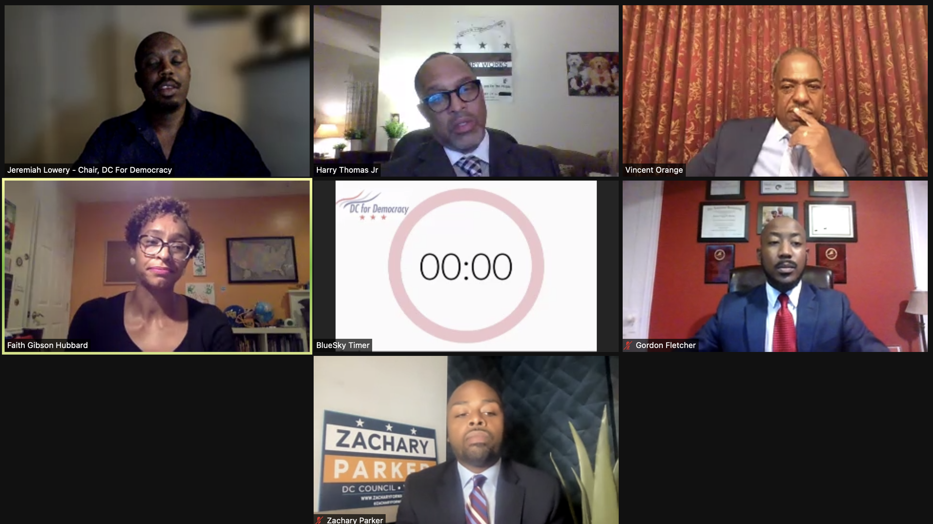 All five candidates for D.C. Council in Ward 5 shown in a screenshot of a debate on Zoom.