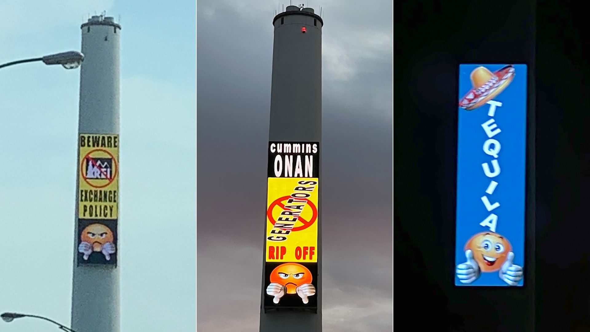 A trio of images of a chimney and video screen with complaints about company products and policies and a sign exclaiming "tequila"
