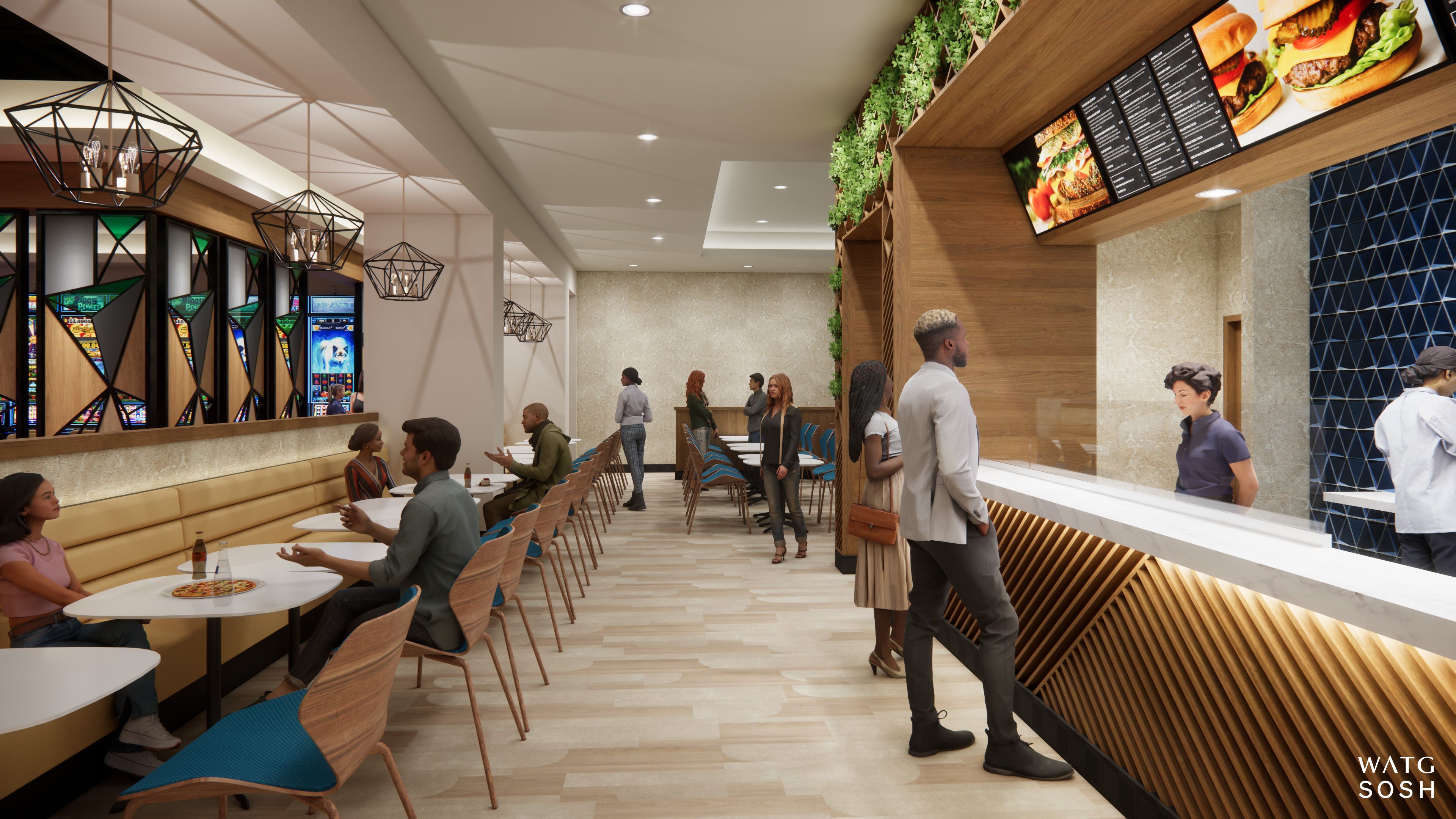 A rendering of people ordering at the parlor's restaurant.