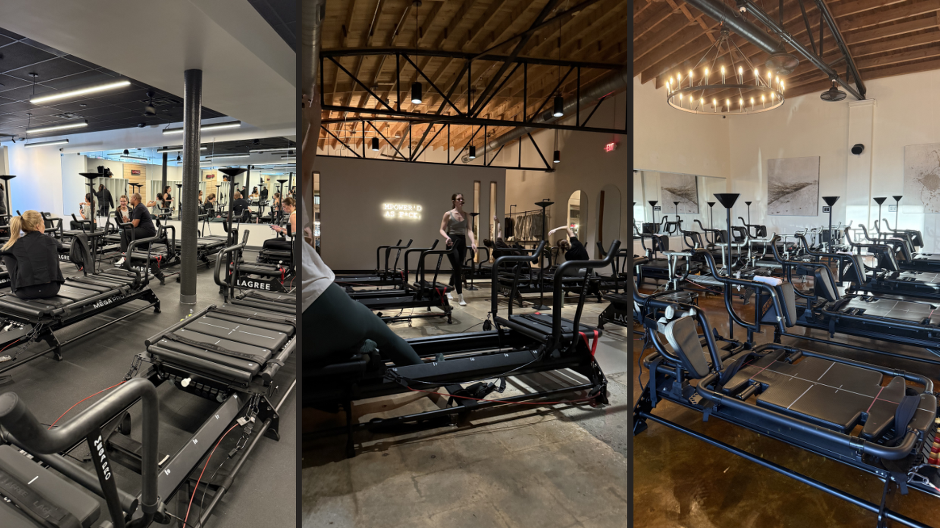Three gym interiors with black Lagree Mega Pro fitness reformer machines. Settings include mirrored walls, wooden ceilings, and modern lighting with people exercising or resting.