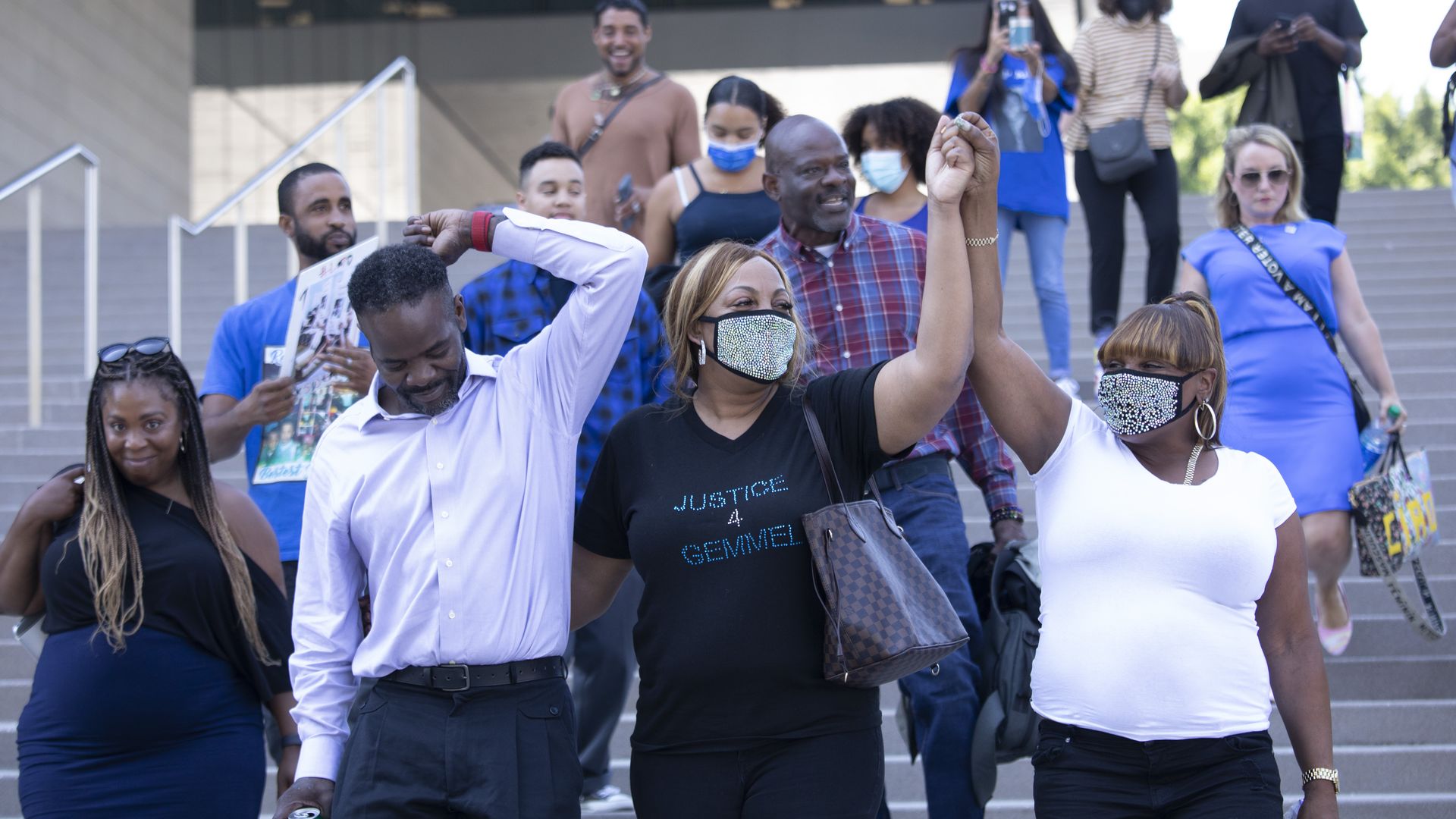 A survivor joins friends and family of the victims rejoice in the guilty verdict for Ed Buck on Tuesday, July 27, 2021 in Los Angeles.