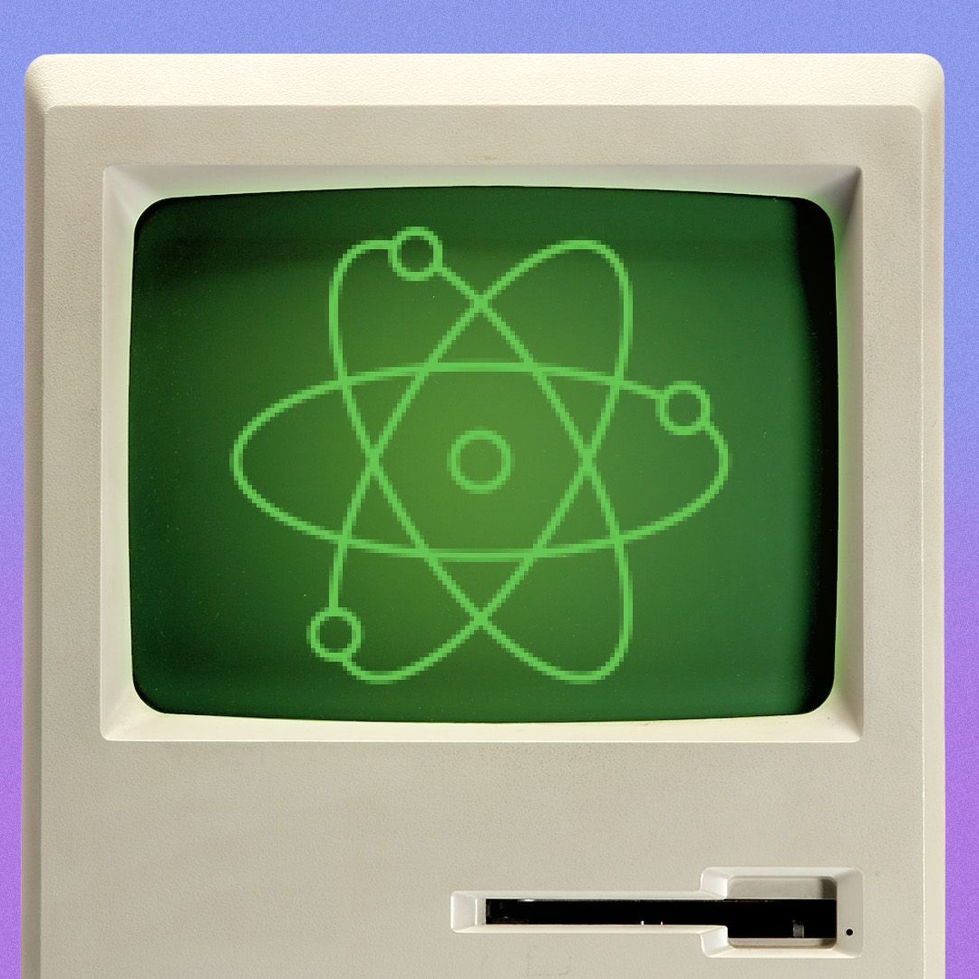 Illustration of a computer screen with a pixelated atom on it 