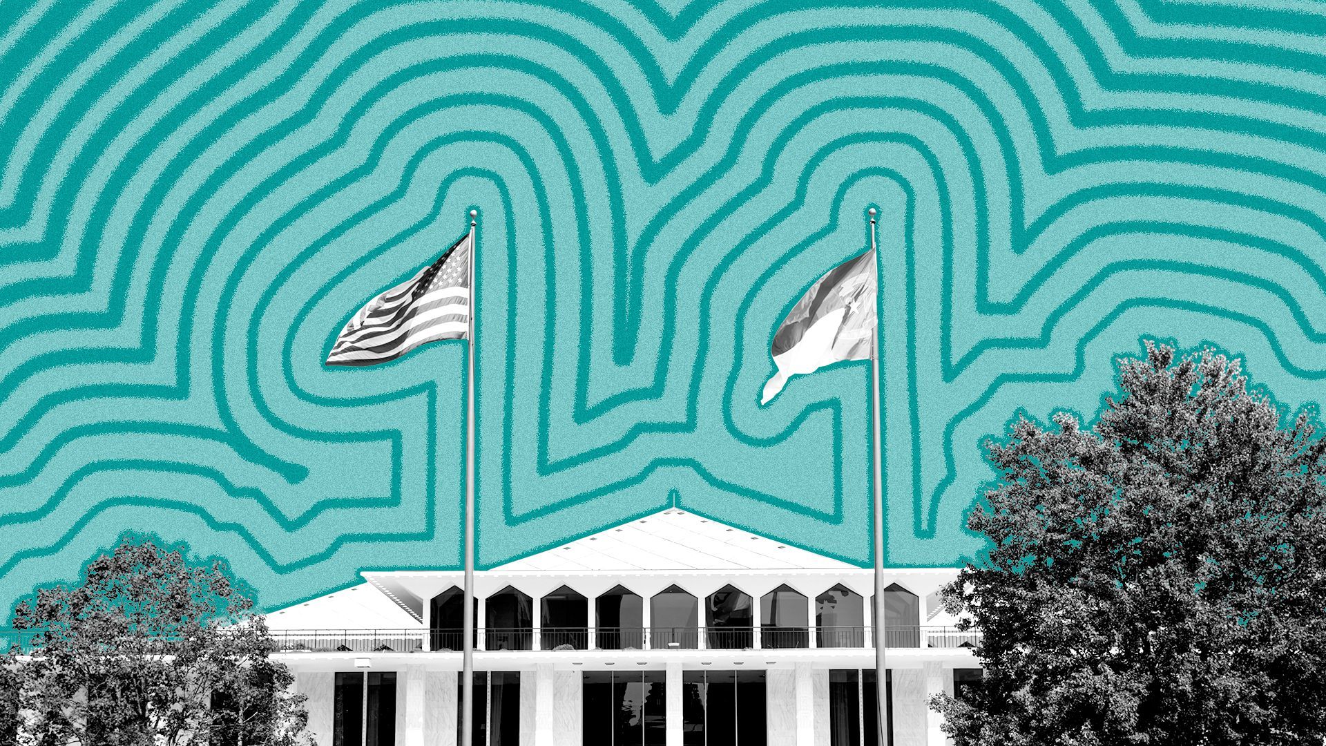 Illustration of the North Carolina Legislative Building with lines radiating from it.