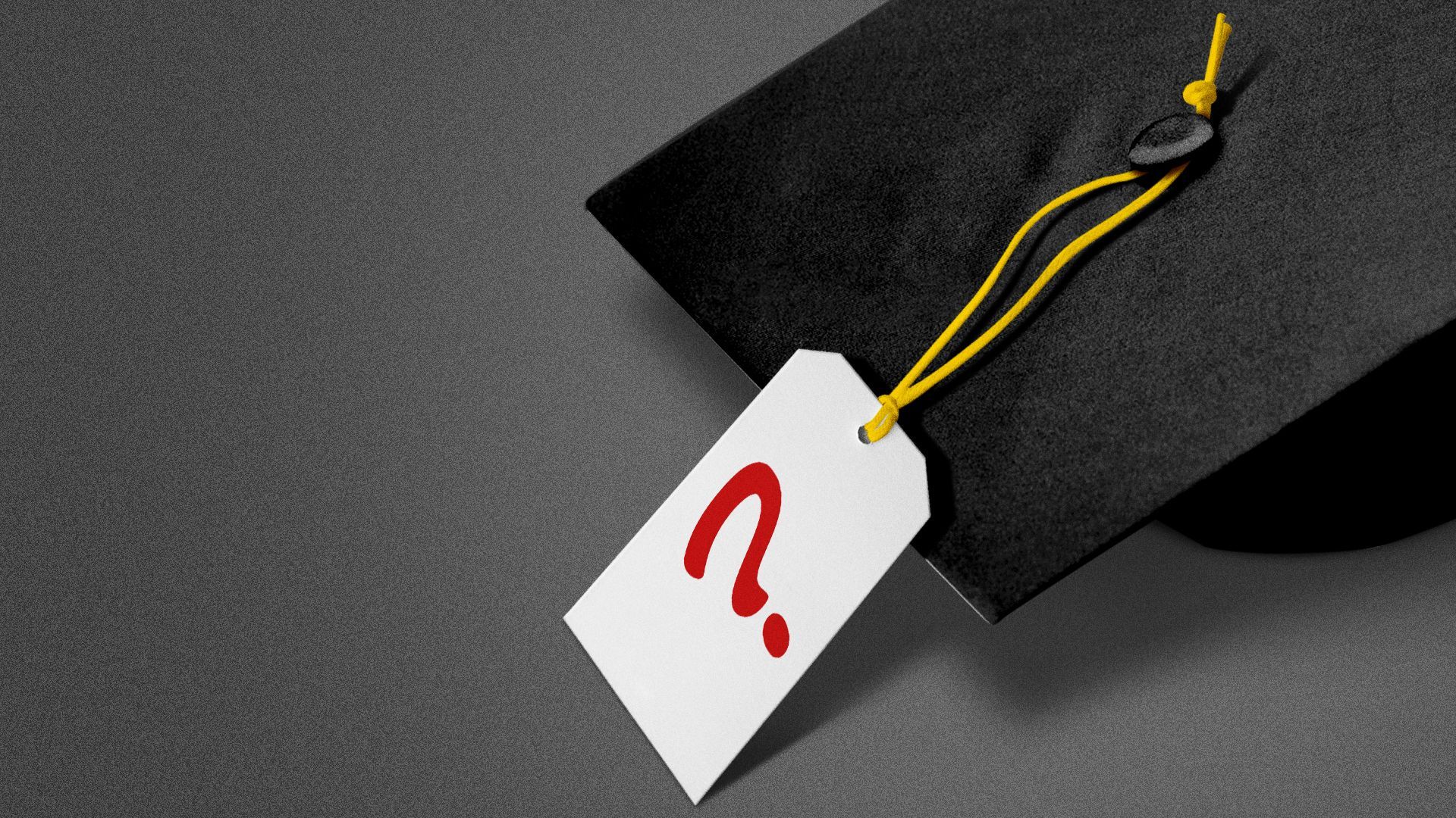 Illustration of a question mark on a price tag instead of a graduation tassel.