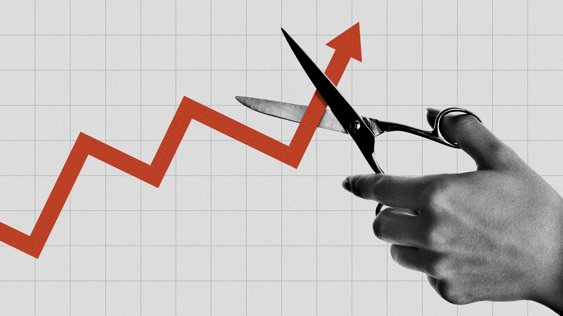 Illustration of scissors poised to cut through an upward arrow. 