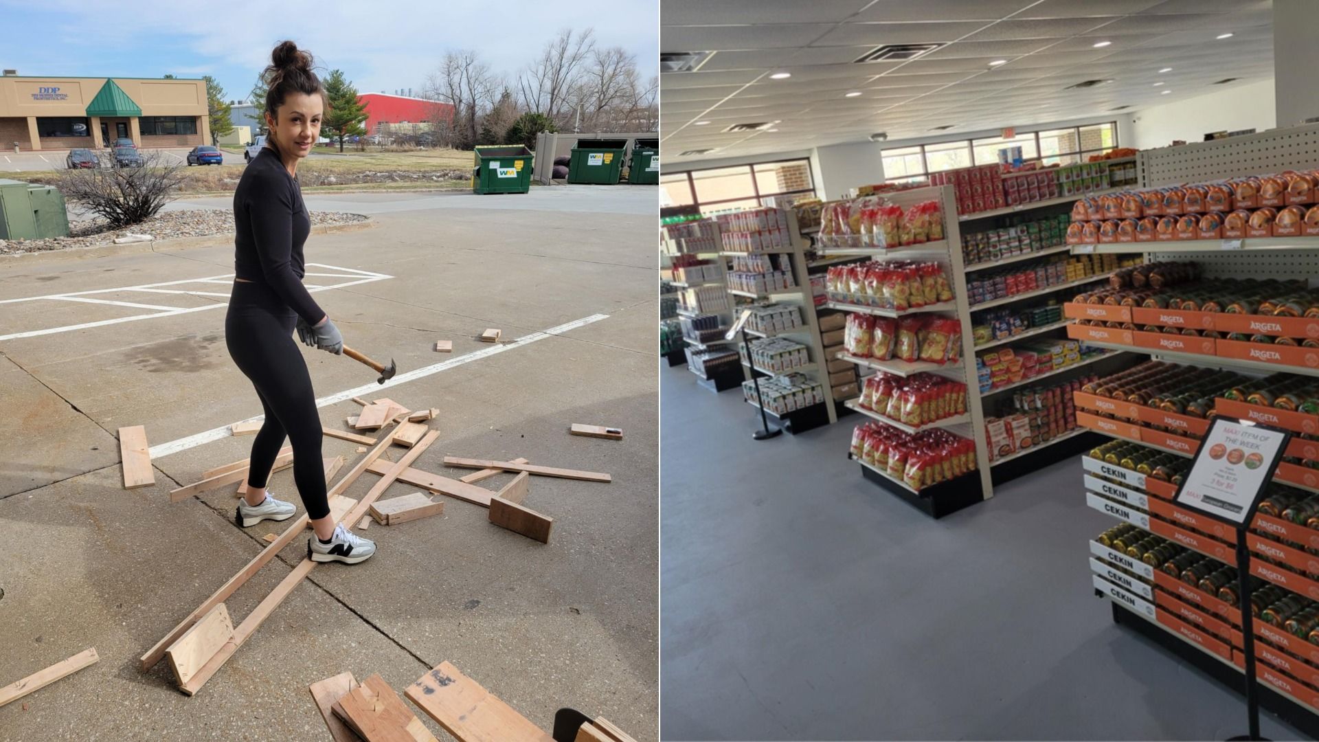 A woman breaking apart things to help prep a store and the finished result on the right with products on store shelves