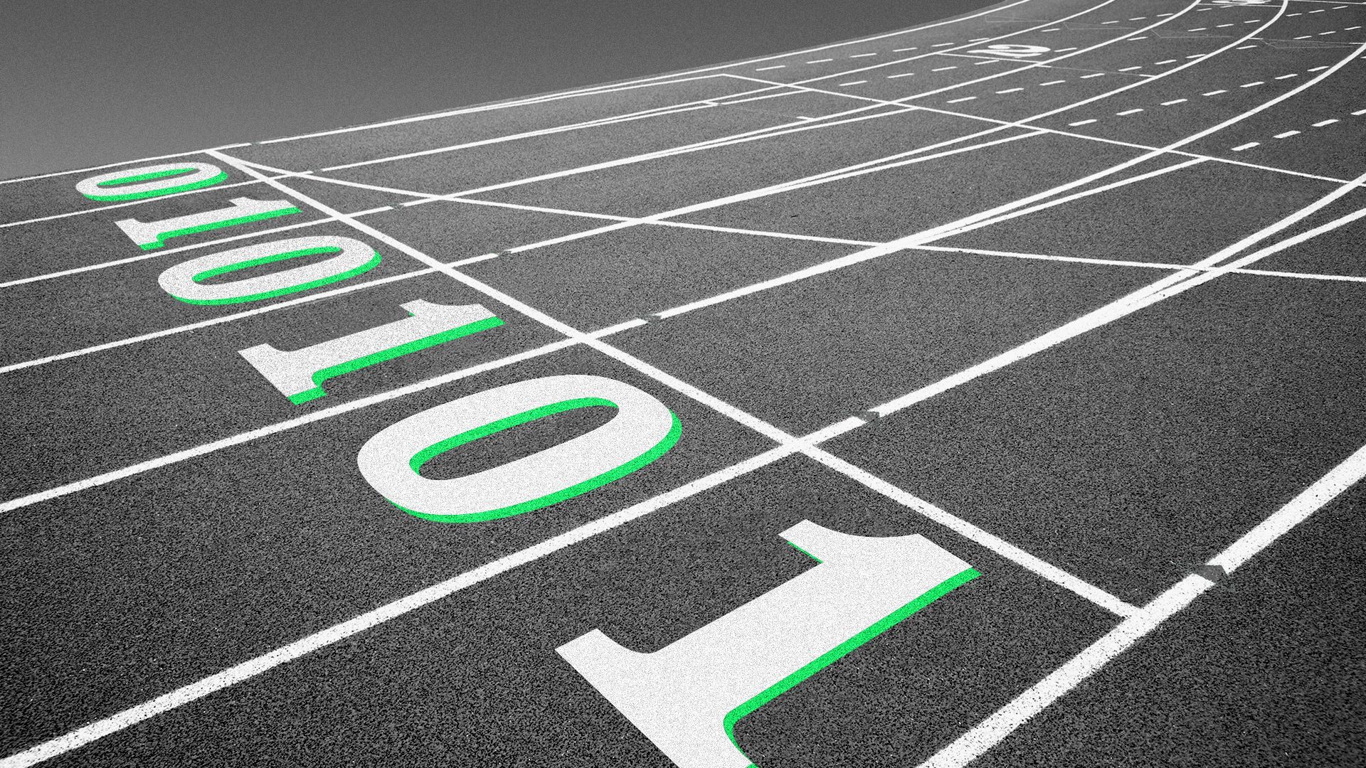 Illustration of a running track with white and green lane numbers in binary code.