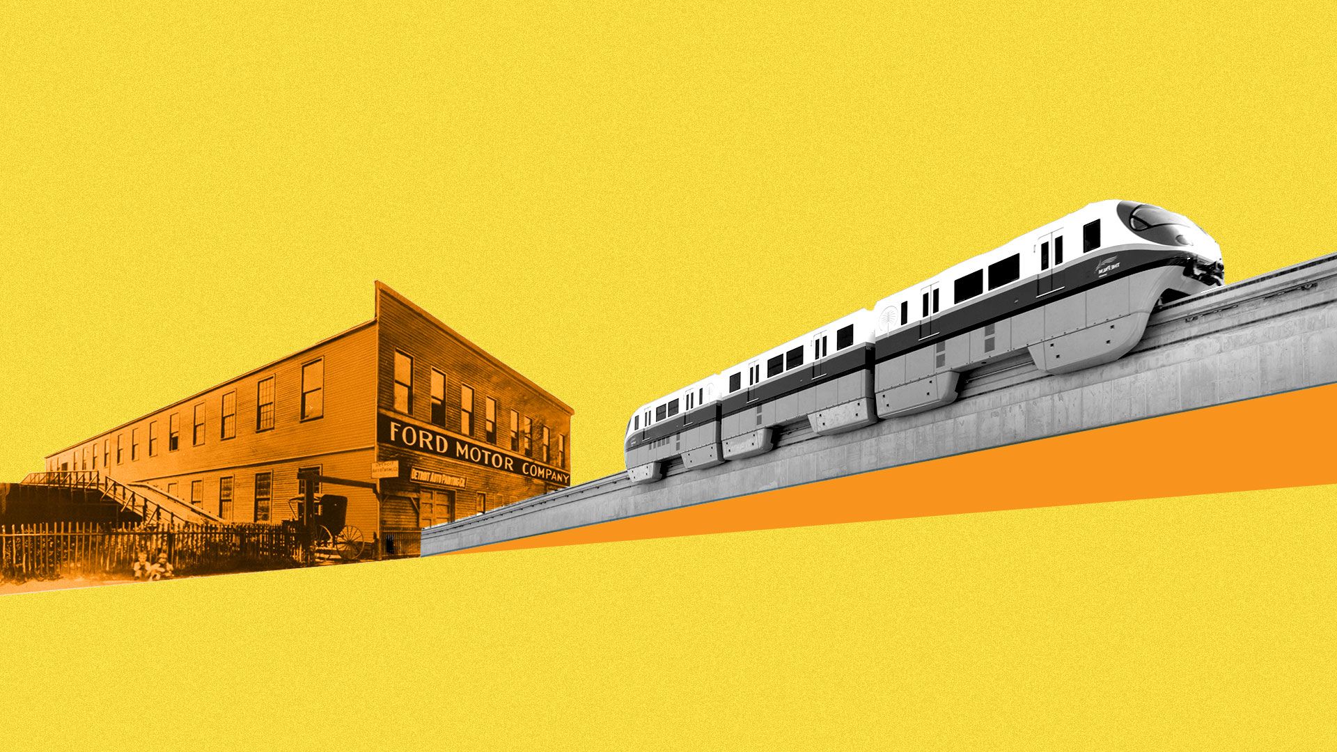 Illustrated collage of the original ford plant with a monorail coming out of the garage door.
