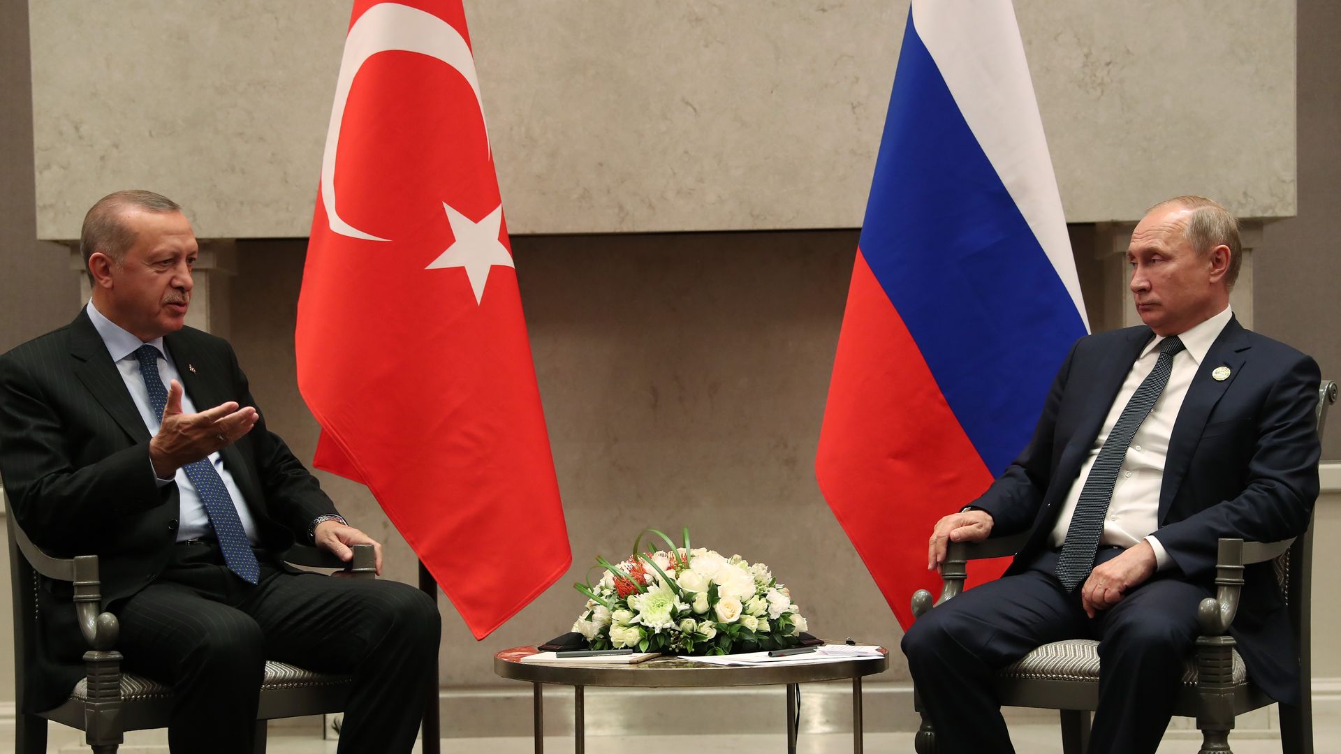 Turkish President Recep Tayyip Erdogan meets Russian President Vladimir Putin.