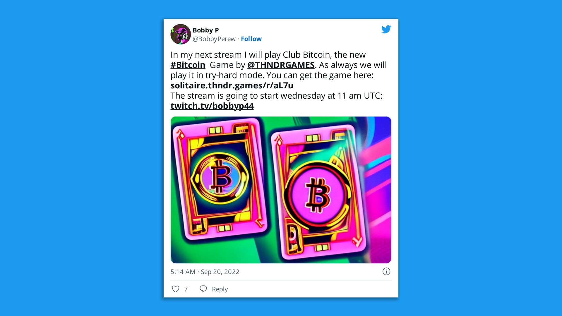 Tweet described Club Bitcoin, a play-to-earn mobile game version of the popular card game Solitaire