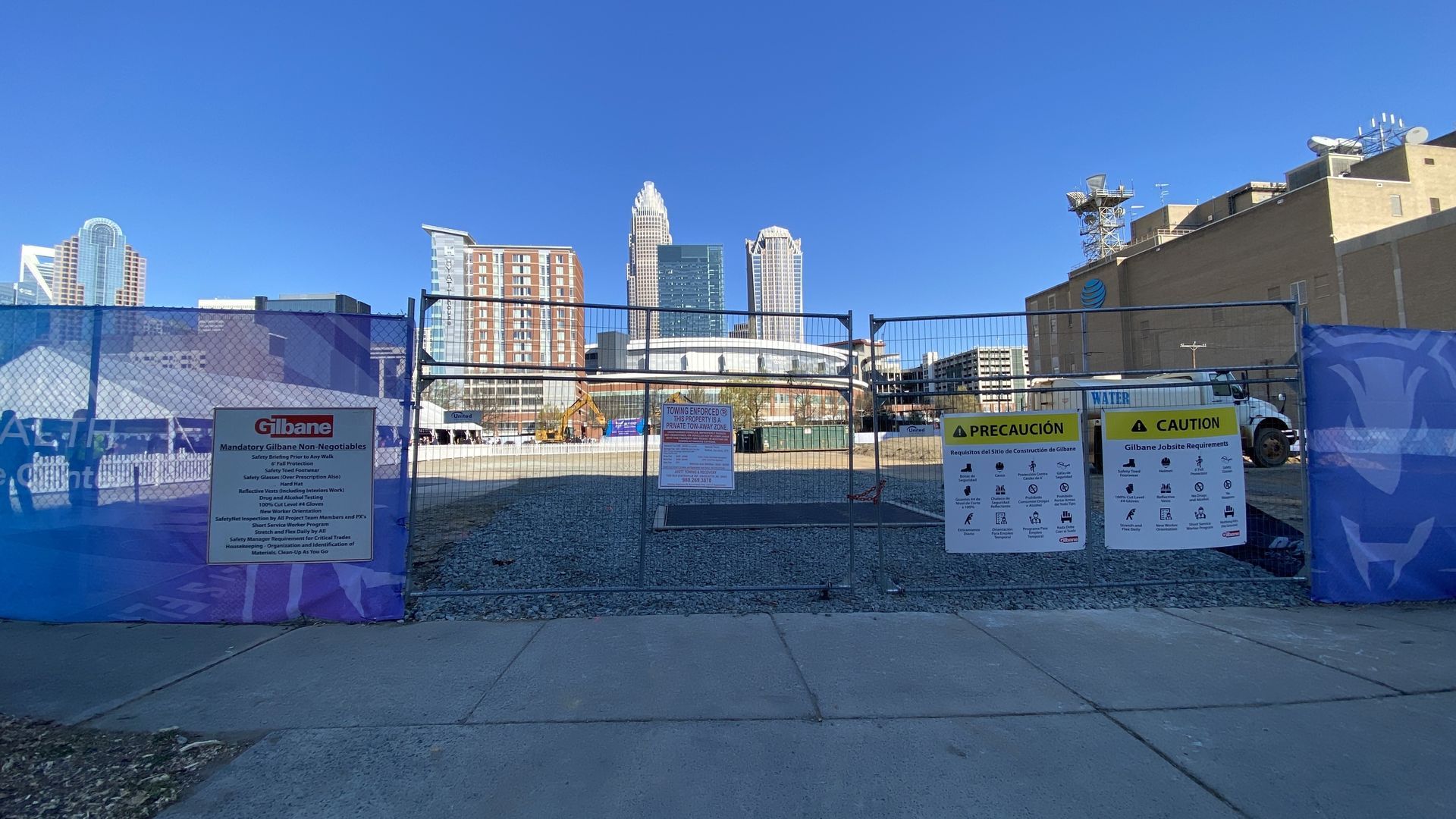 Charlotte skyline in the background of the Charlotte Hornets groundbreaking. 