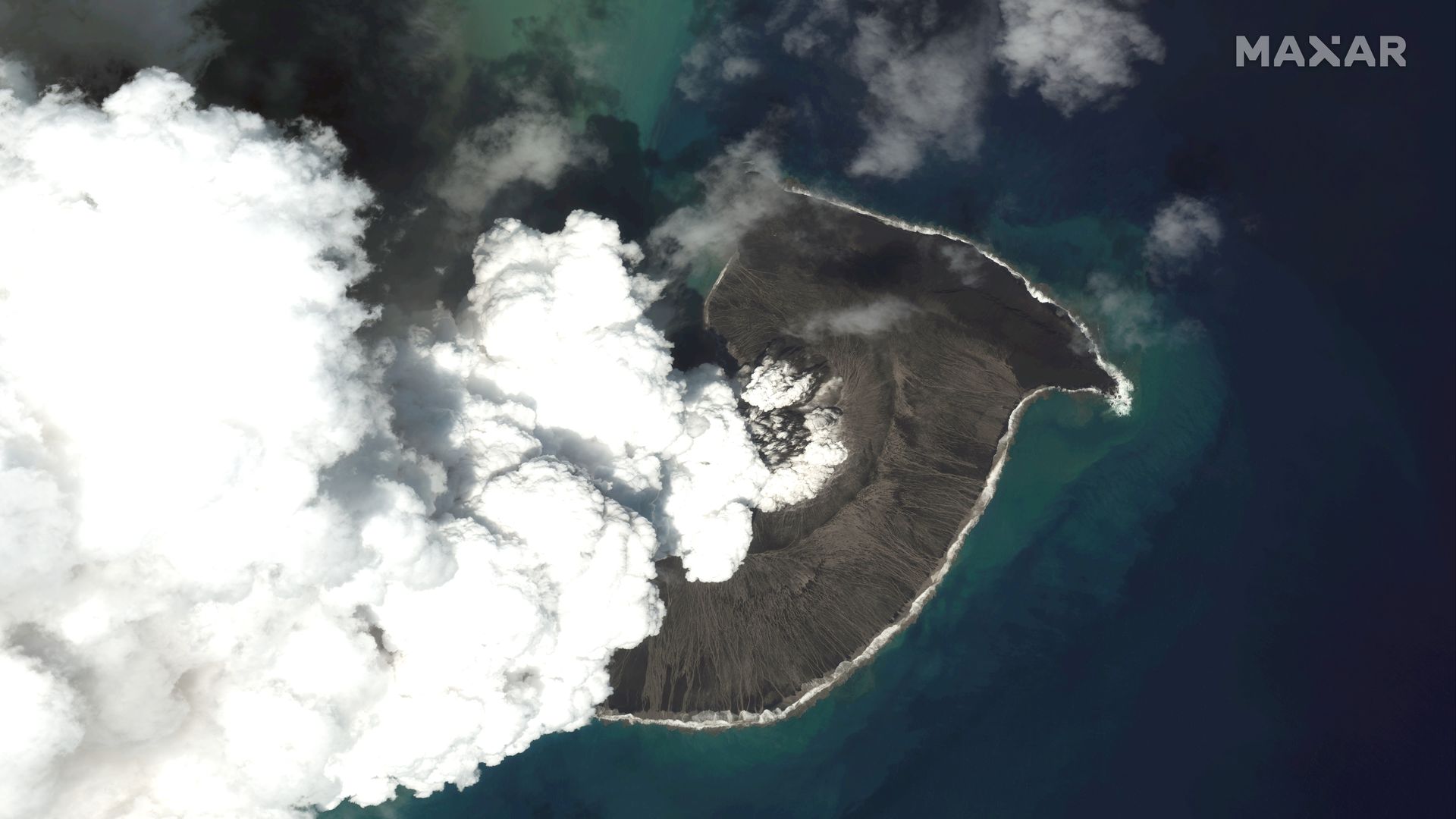 A satellite image of Hunga Tonga Hunga Ha’apai volcano on Dec. 24, before the eruption.