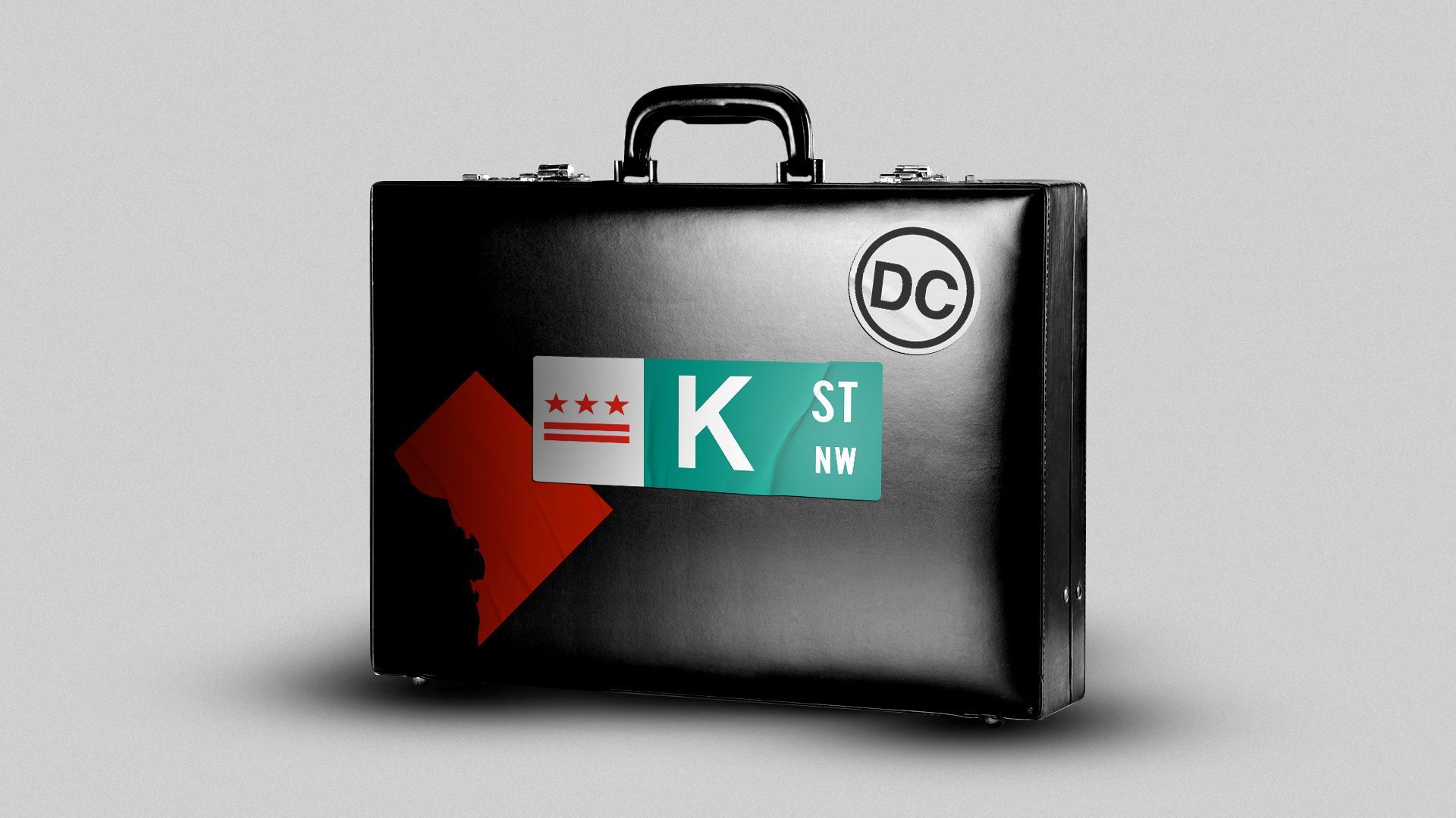 Illustration of a briefcase with DC and K Street stickers on it.   