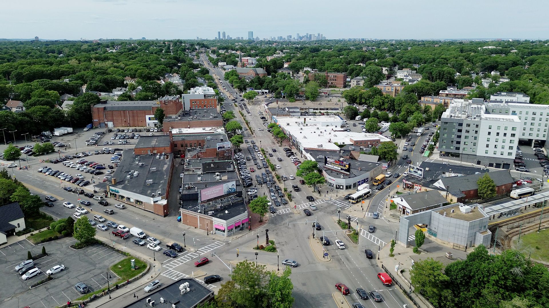 An aerial view of the Blue Hill Avenue and River Street intersection near Mattapan Square.