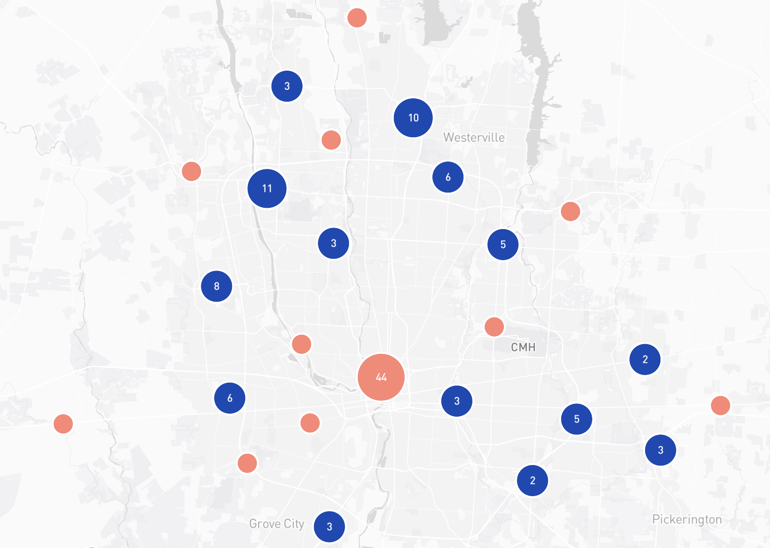 Map view of a city with blue numbered markers and orange/red markers; a large orange 44 near the center indicates a major cluster, with surrounding smaller circles across neighborhoods.