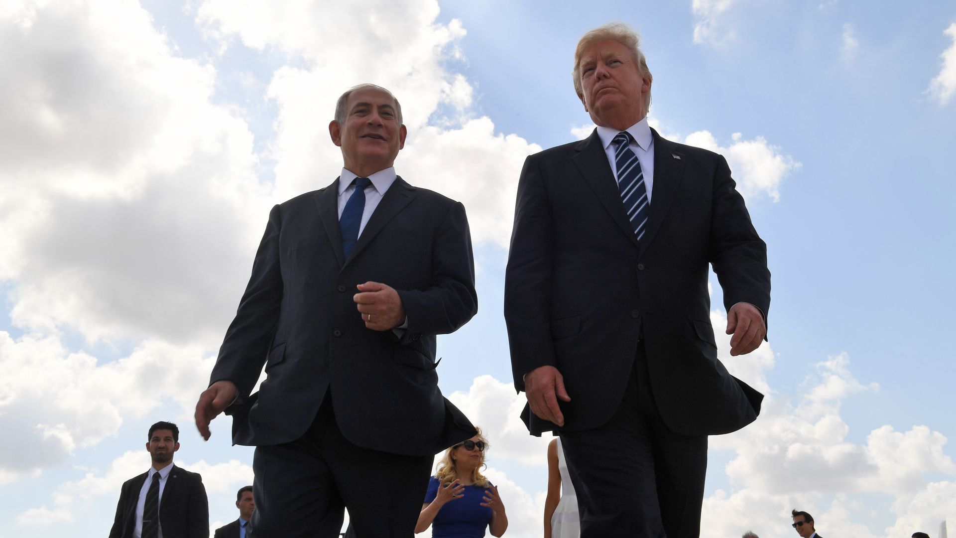 Israeli Prime Minister Benjamin Netanyahu walks with President Trump