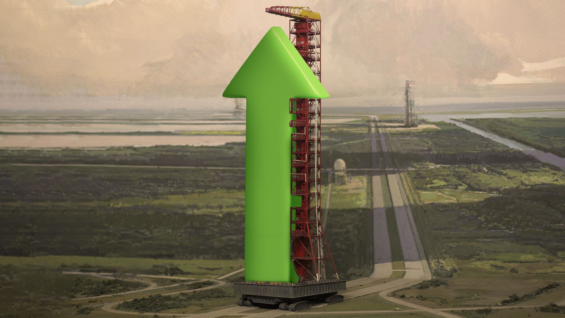 Illustration of an upwards pointing arrow on a shuttle launch pad. 