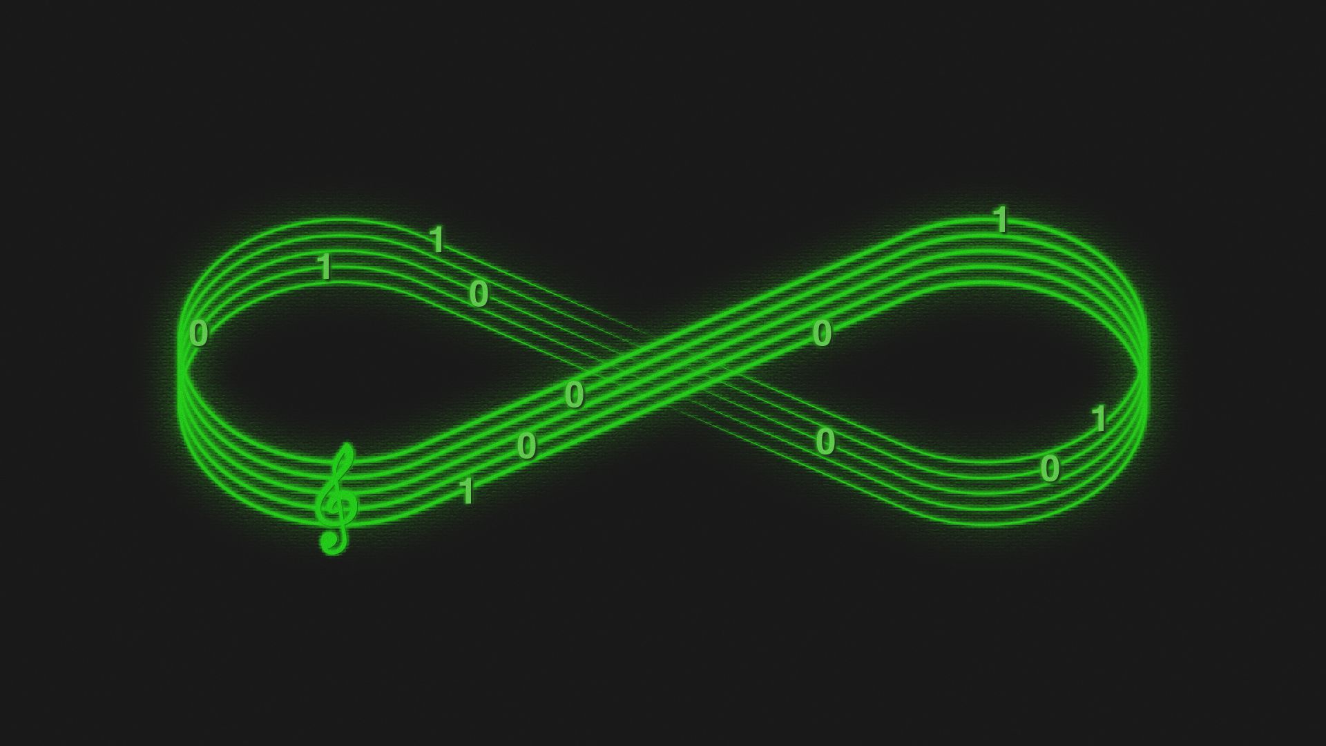 Illustration of the shape for infinity made from a music staff with ones and zeros on it instead of music notes.
