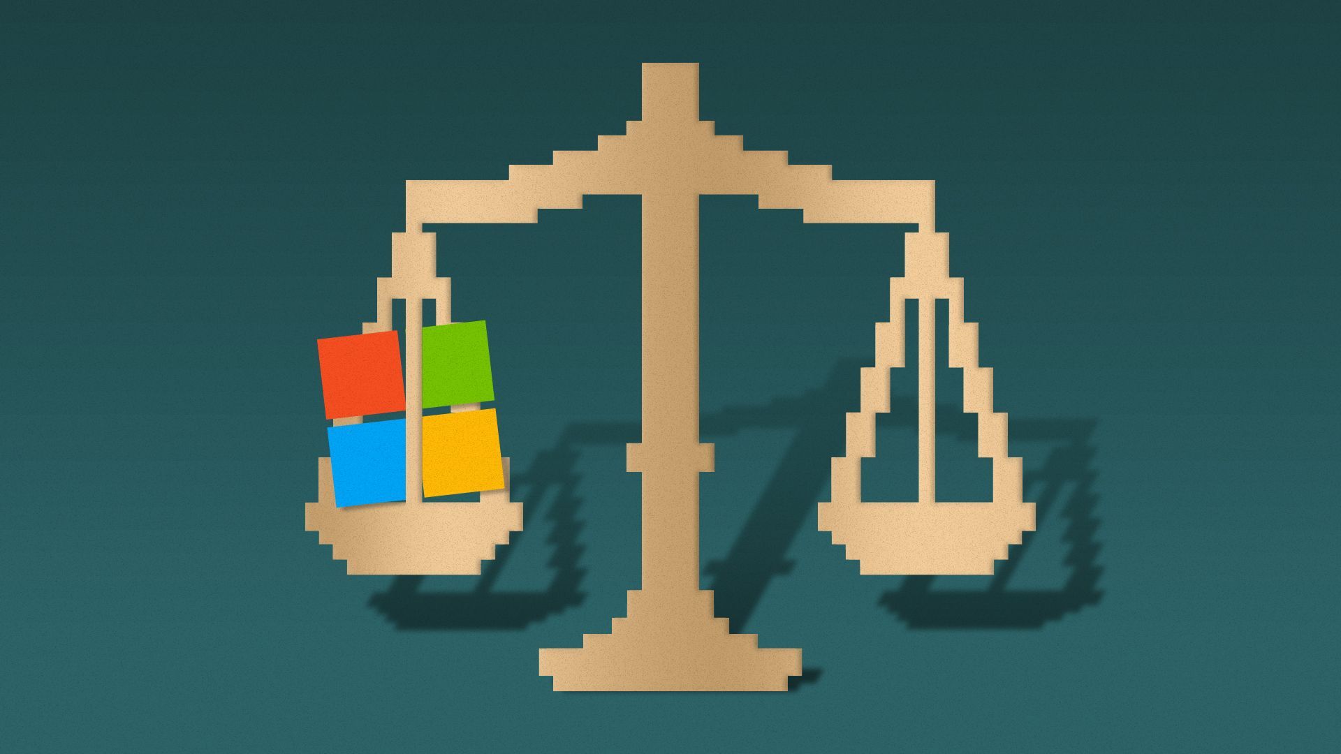 Illustration of pixelated justice scales with Microsoft logo on one side.