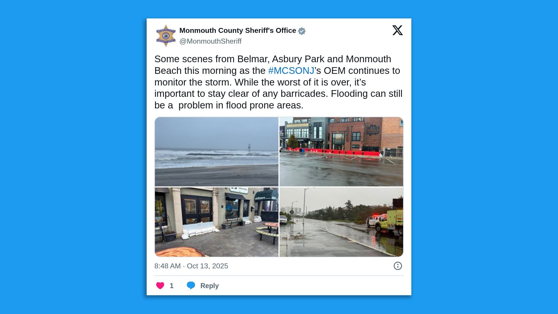 Monmouth County Sheriff's tweet showing four images: rough ocean waves, wet street with red barricades, sandbags in front of store front and flooded road with emergency vehicle, warning of storm flooding.