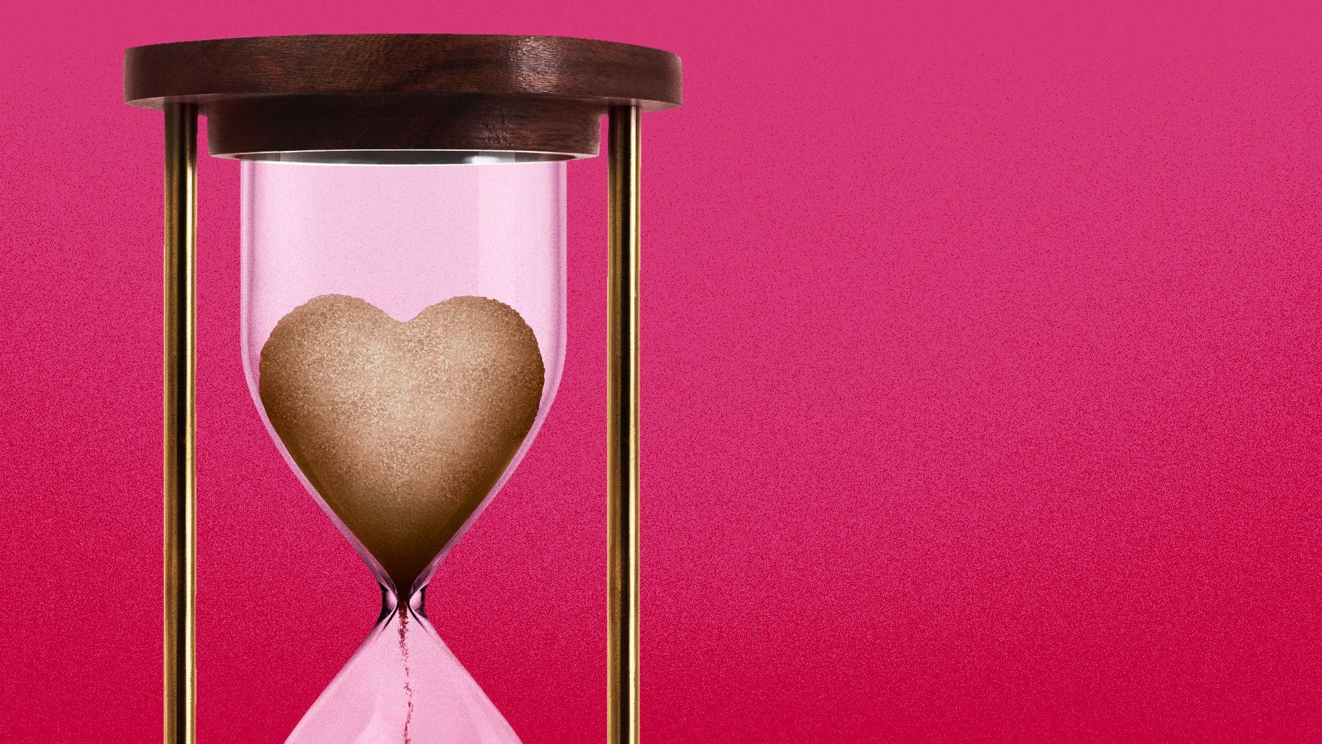 Illustration of an hourglass with the sand shaped like a heart. 