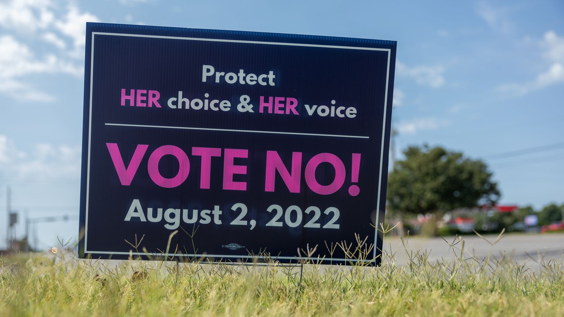 A campaign sign in Kansas urges a no-vote on an anti-abortion ballot measure