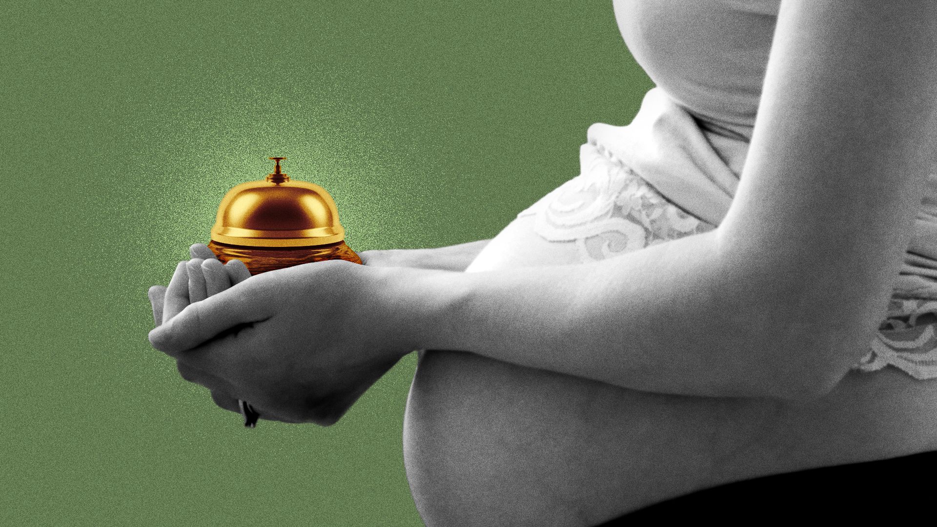 Illustration of a pregnant person holding a concierge bell in front of their stomach. 