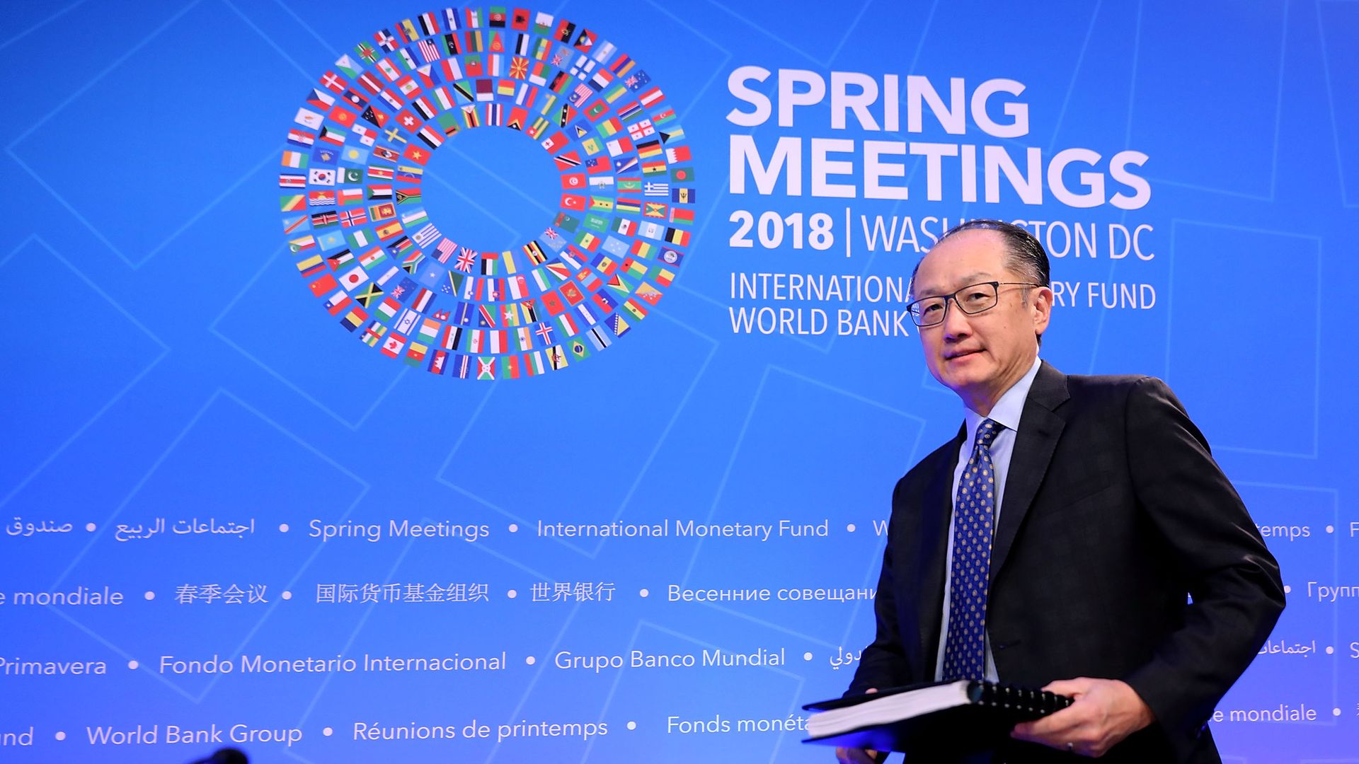 World Bank President Jim Yong Kim arrives for a news conference at International Monetary Fund Headquarters April 19, 2018 in Washington, DC. 