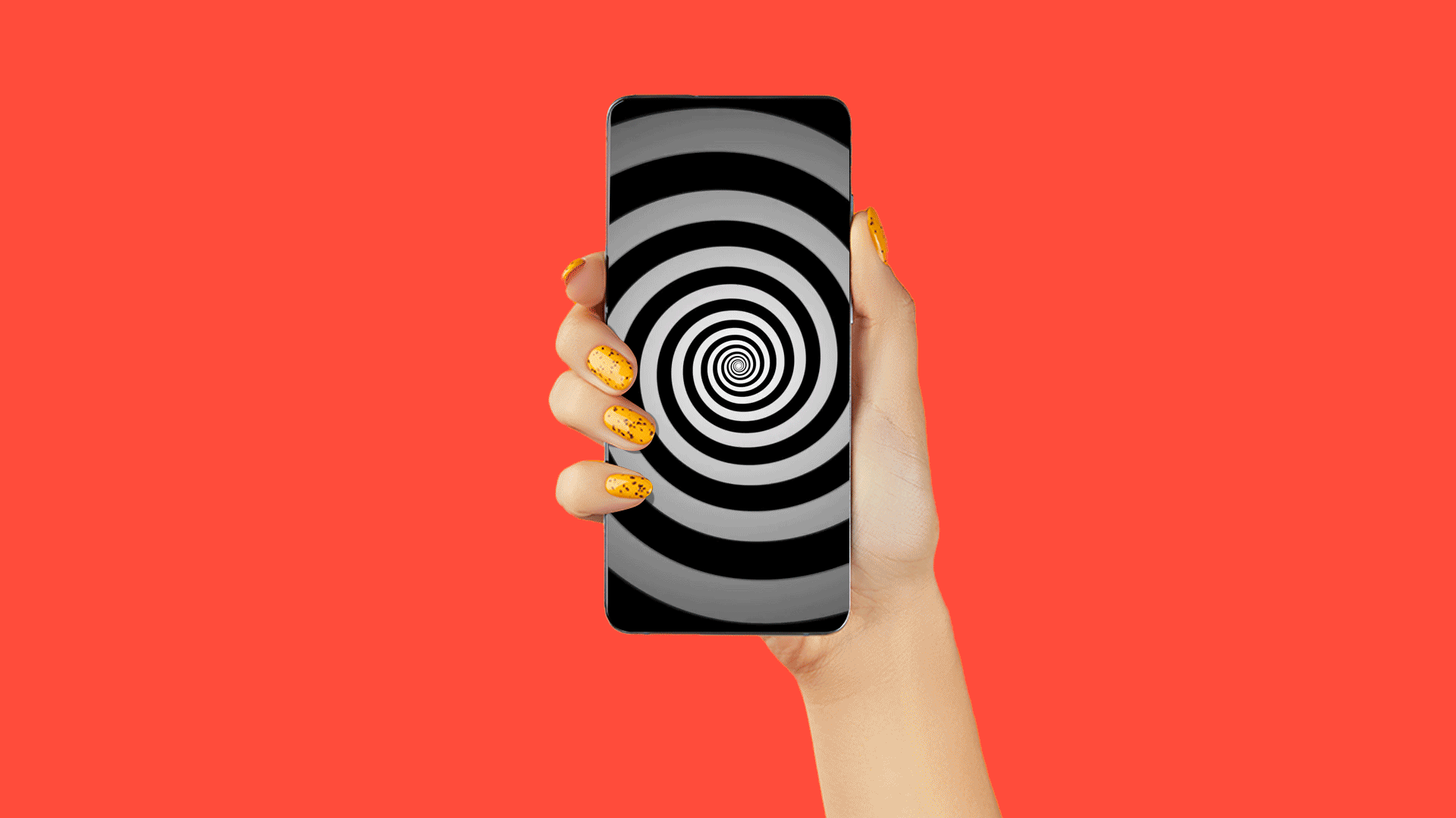 Illustration of a manicured hand holding a phone with a spinning black and white vortex on the screen