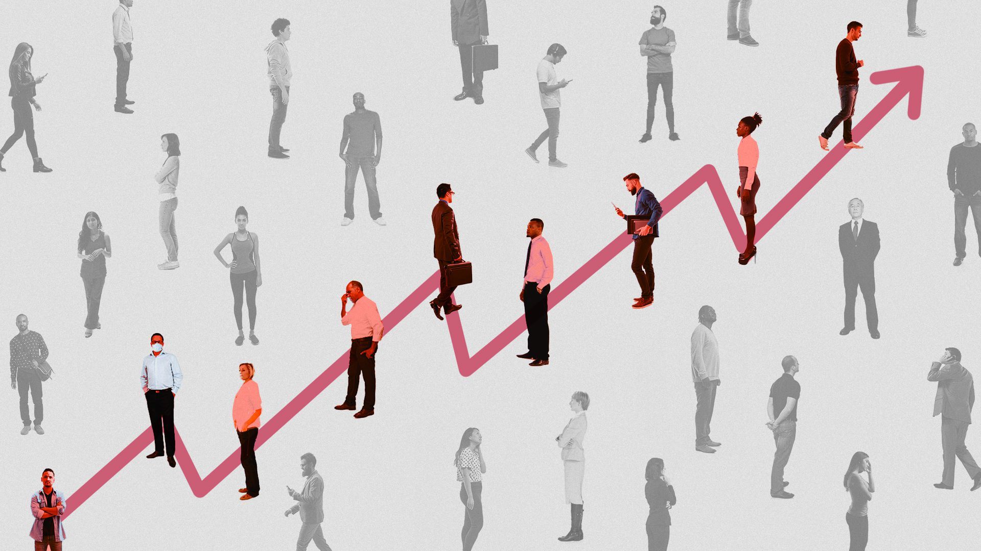 Illustration of an upward trend line over a group of people, with others in the background grayed out