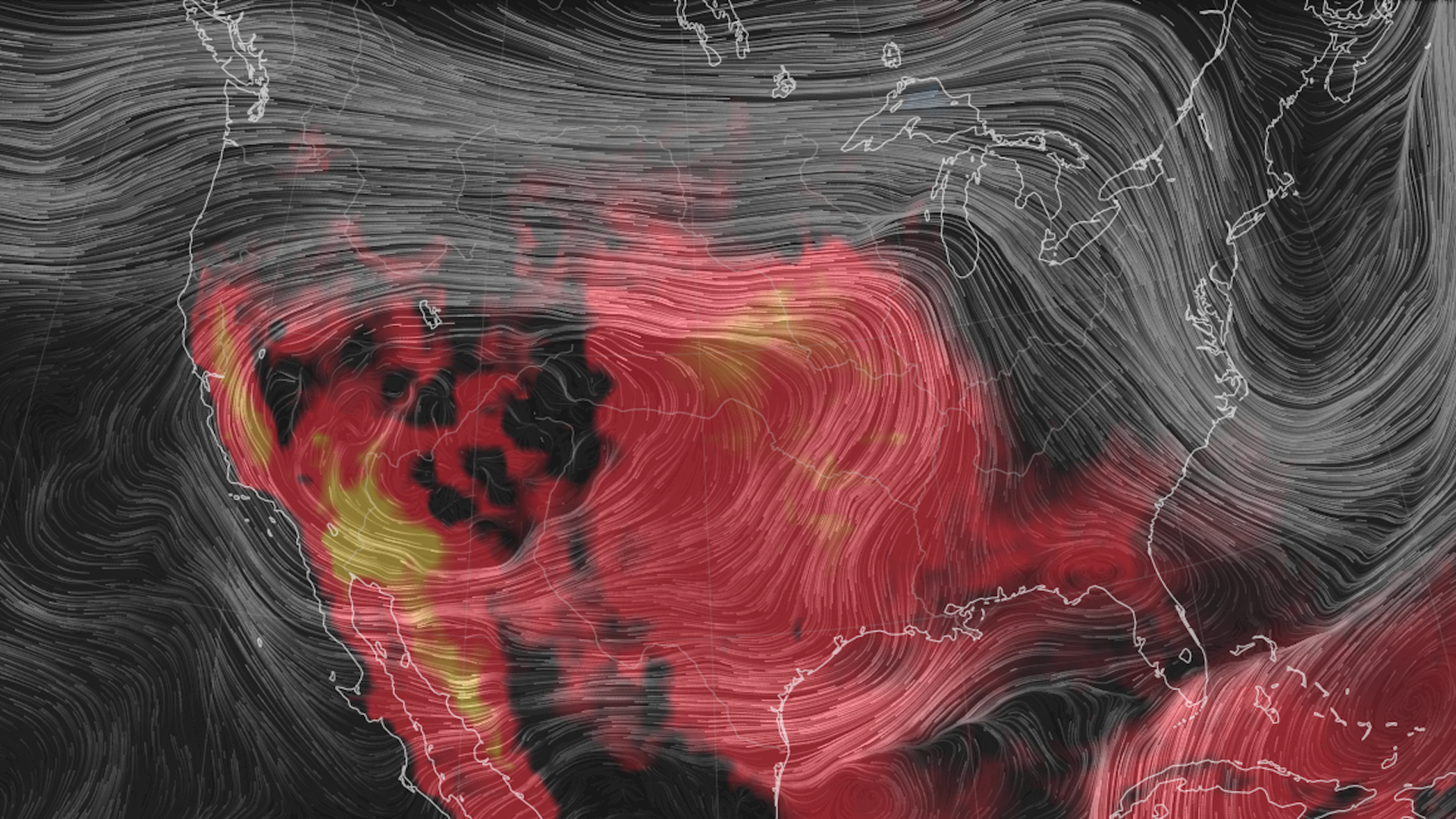 Map showing red and orange colors corresponding to high temperatures during a June 2021 heat wave.