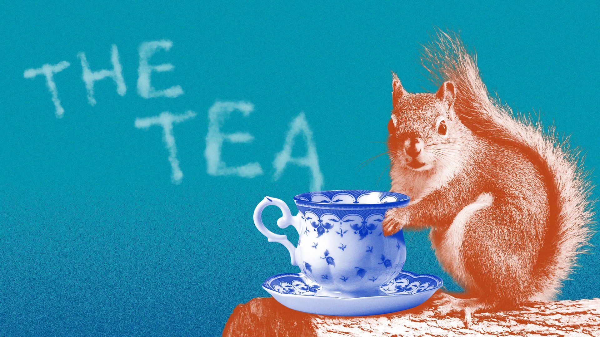 Illustration of a squirrel holding a teacup, with the steam spelling "The Tea."