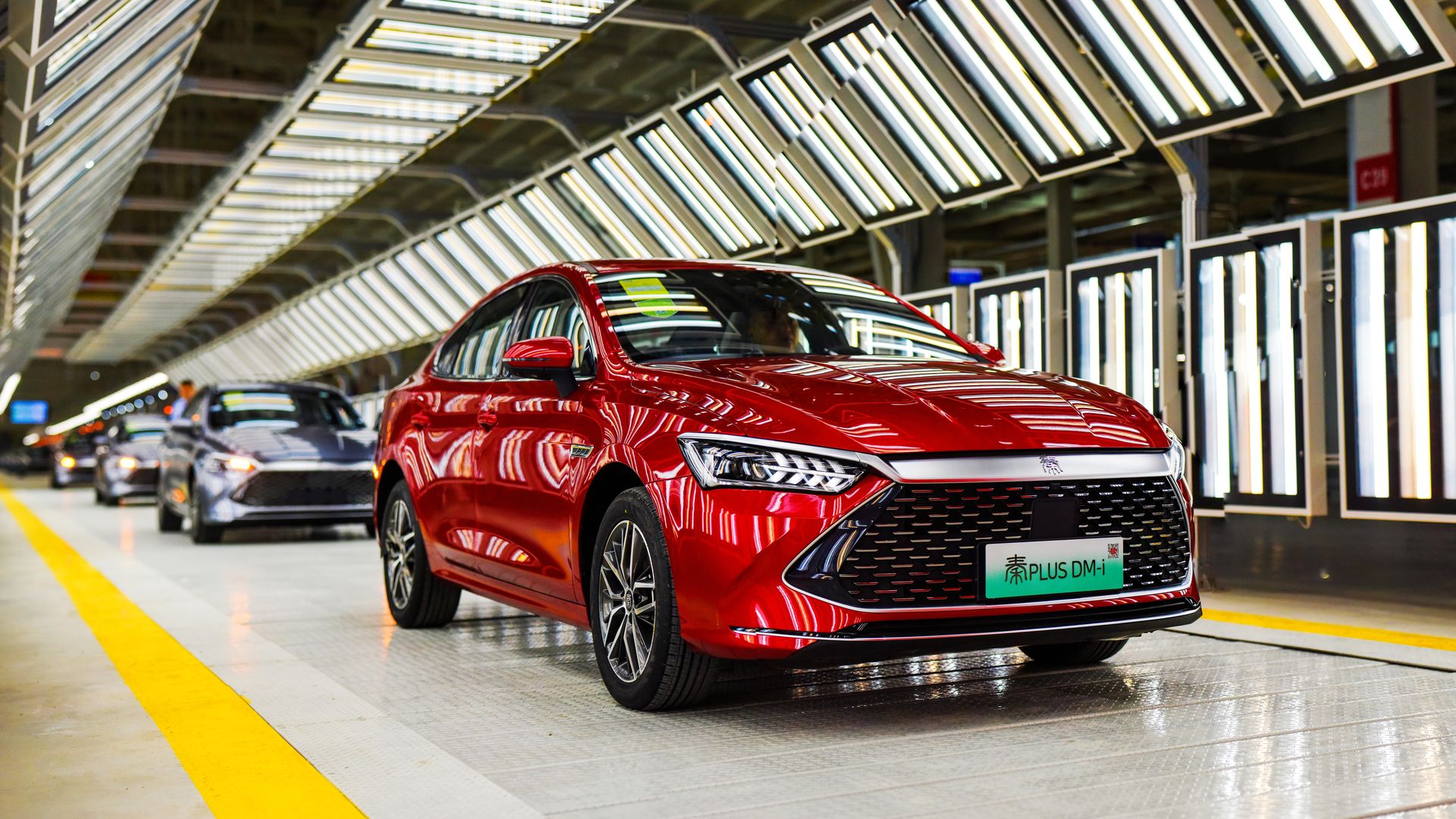 A sedan rolls off the assembly line at BYD's new manufacturing base on June 30, 2022 in Changfeng County, Hefei City, Anhui Province of China.