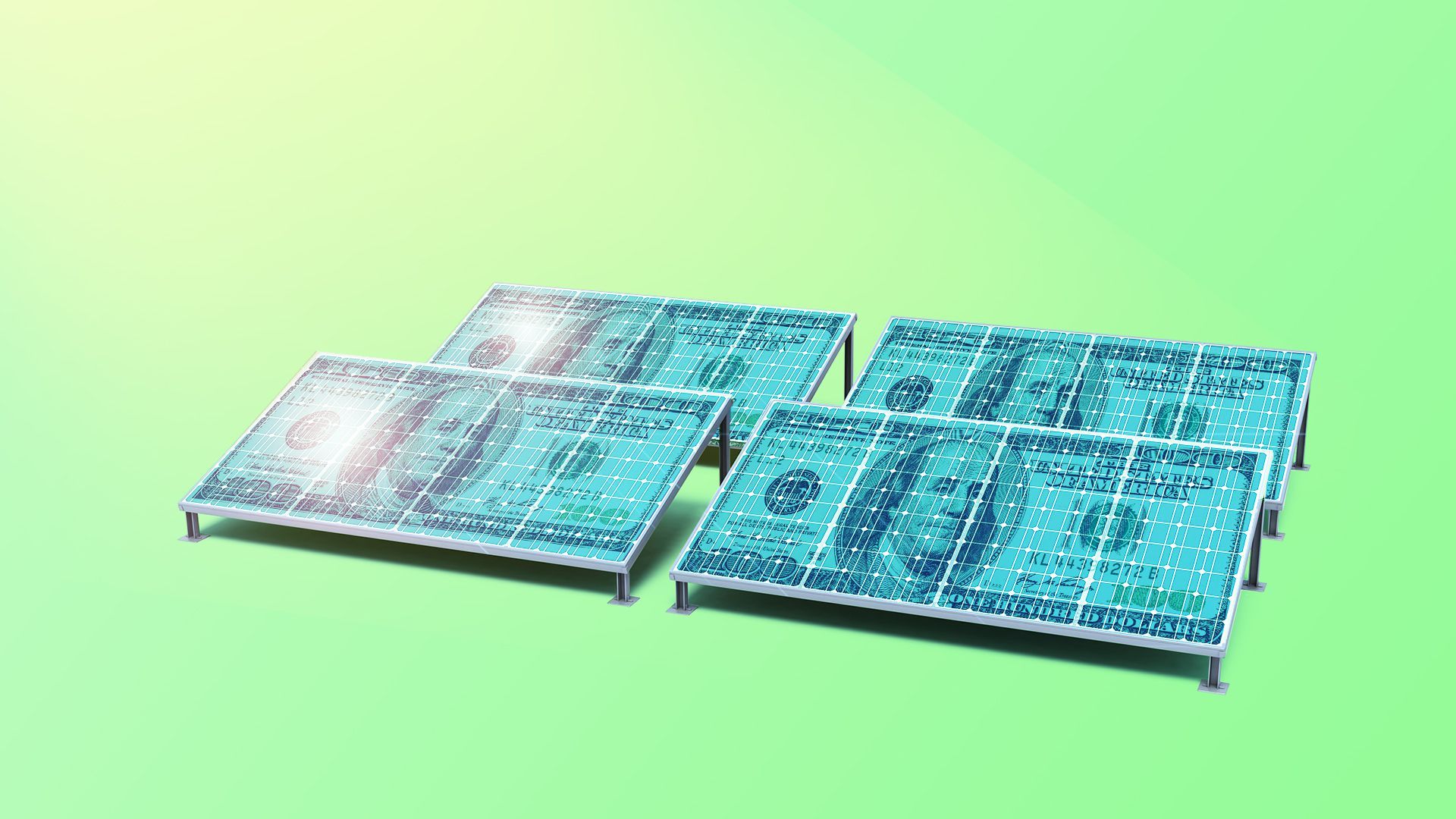 Illustration of hundred dollar bills as solar panels.