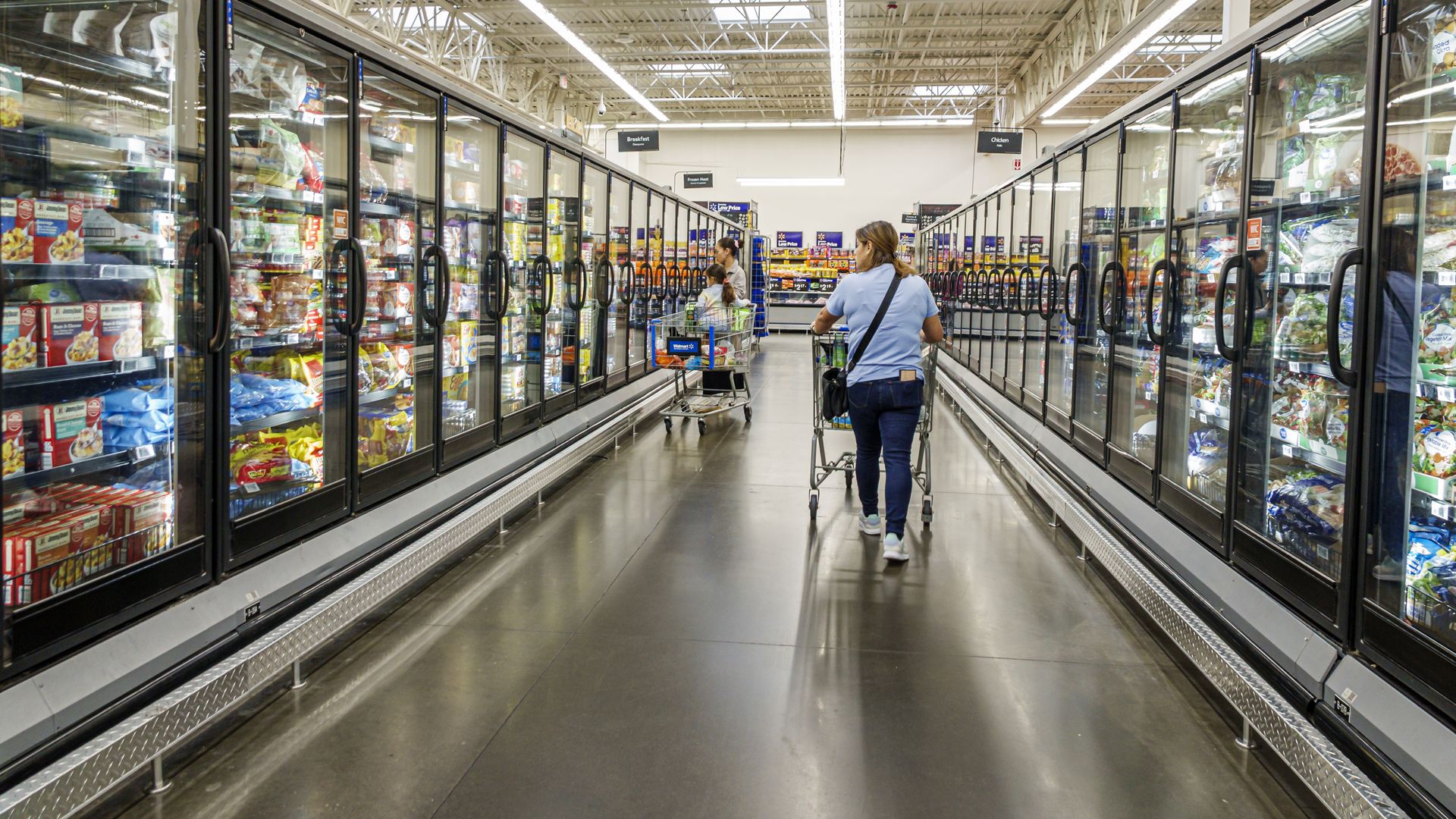 Miami Doral Florida, Walmart Supercenter, frozen foods aisle glass door freezers, women shoppers adults pushing carts.